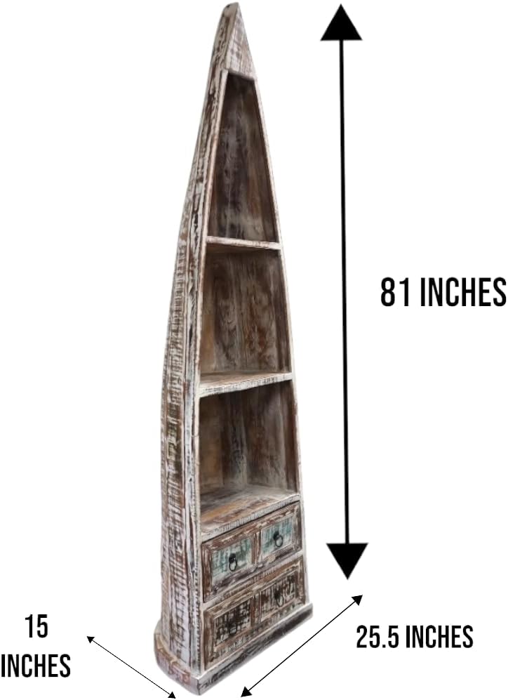 Sundara Furnishings Nautical Bookcase, Canoe Bookcase with 2 Drawers, Reclaimed Wood, Whitewashed, 81