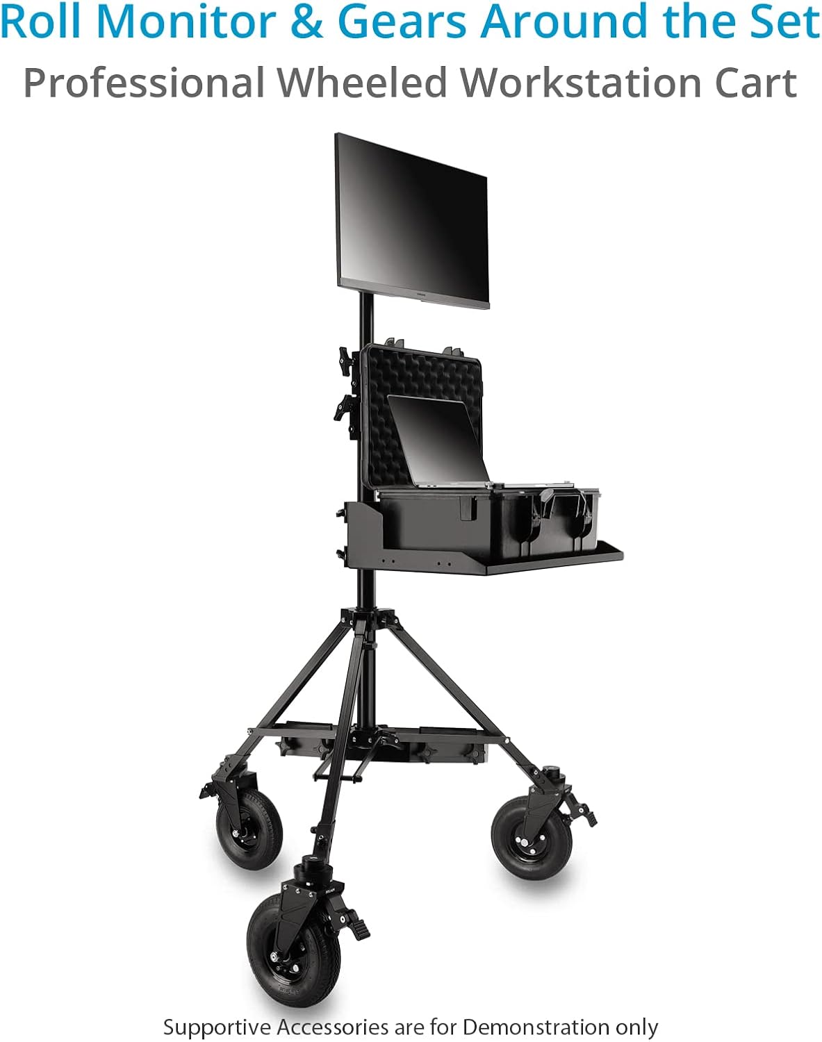 PROAIM Alpha Mobile Workstation: Height Adjustable Stand with 5/8 Baby Pin Mount, Monitor Mount, Wheel Set, Laptop & Accessory Tray. for Camera Operators, Photographers & Videomakers (TP-ALPA-02)