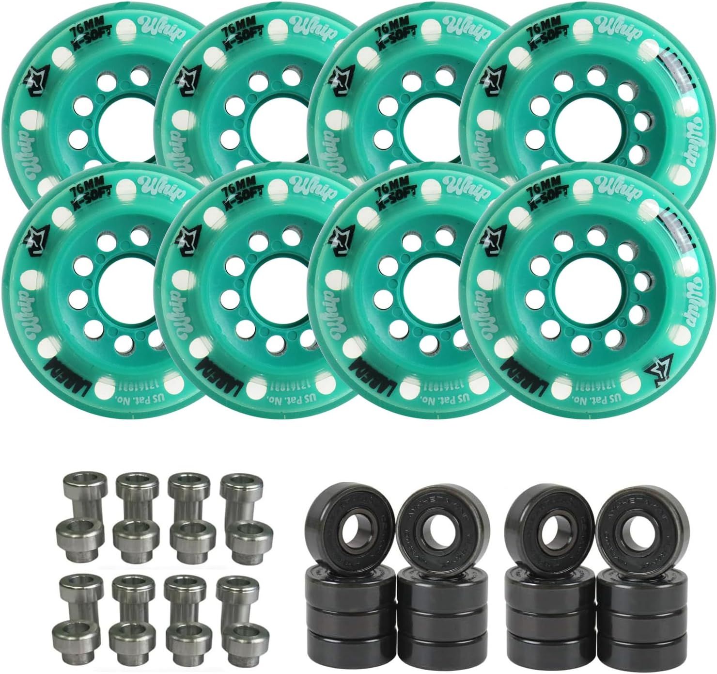 Labeda Whips Roller Hockey Wheels - Teal X-Soft 76mm - 8-Pack with Evo Spacers and Hybrid Ceramic Bearings