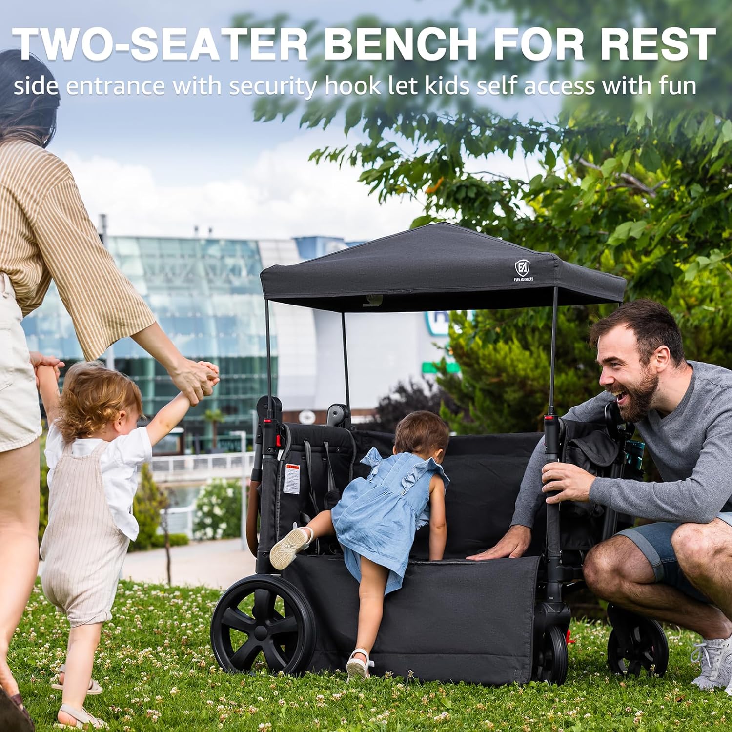 EVER ADVANCED Side-unzip Wagon Stroller for 2 Kids, Push Pull Stroller with Adjustable Handle, Easy Access Front Zipper Door, 5-Point Harness Removable UV-Protection Canopy Shock-Absorbing Wheels,Grey