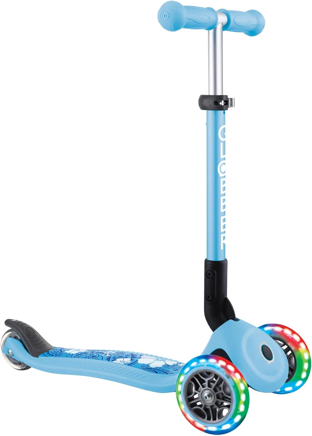 GLOBBER Junior Foldable Fantasy Lights – 120/80 mm ABEC 5 Scooter with 3 Wheels, LED Wheels, Pastel Blue