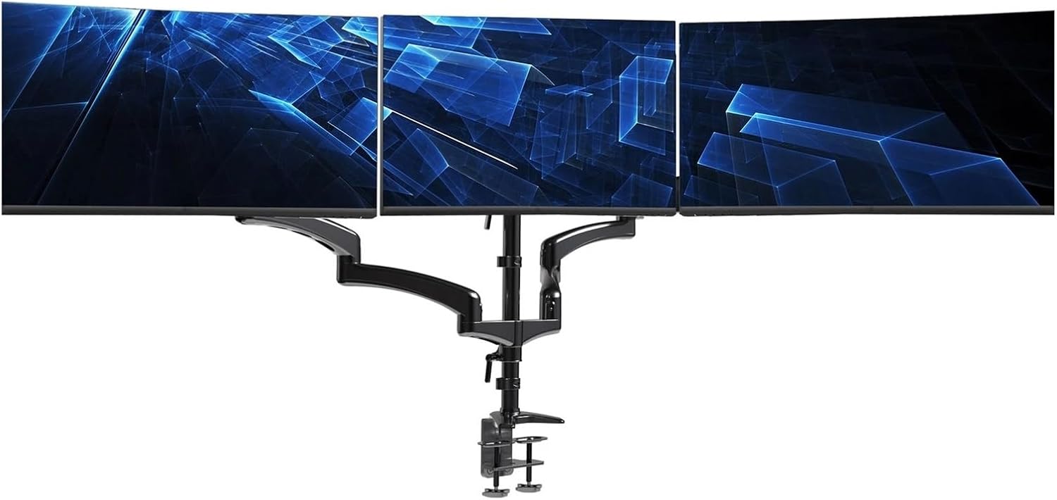 Black Triple Stand, 2 Pneumatic arms, 1 Fixed Screen, 3 Screens, up to 32 inches
