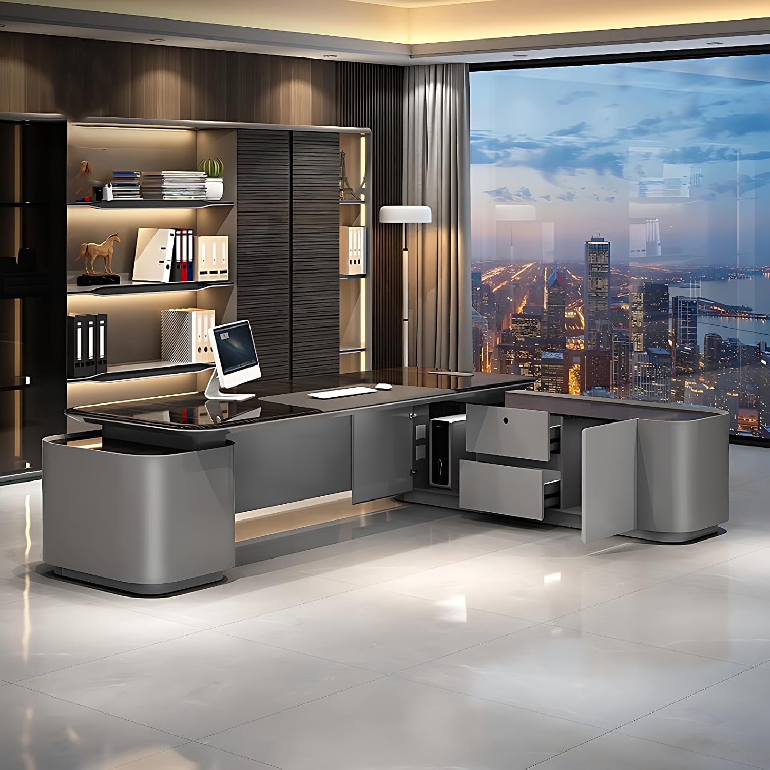 Executive Desk - Elegant l Shaped Desk with Storage, Office Desk with Drawers&Multi-Function Cable Box, Home Office Desks with Light Strip, No Installation Required (Silver+Brown, 94.5