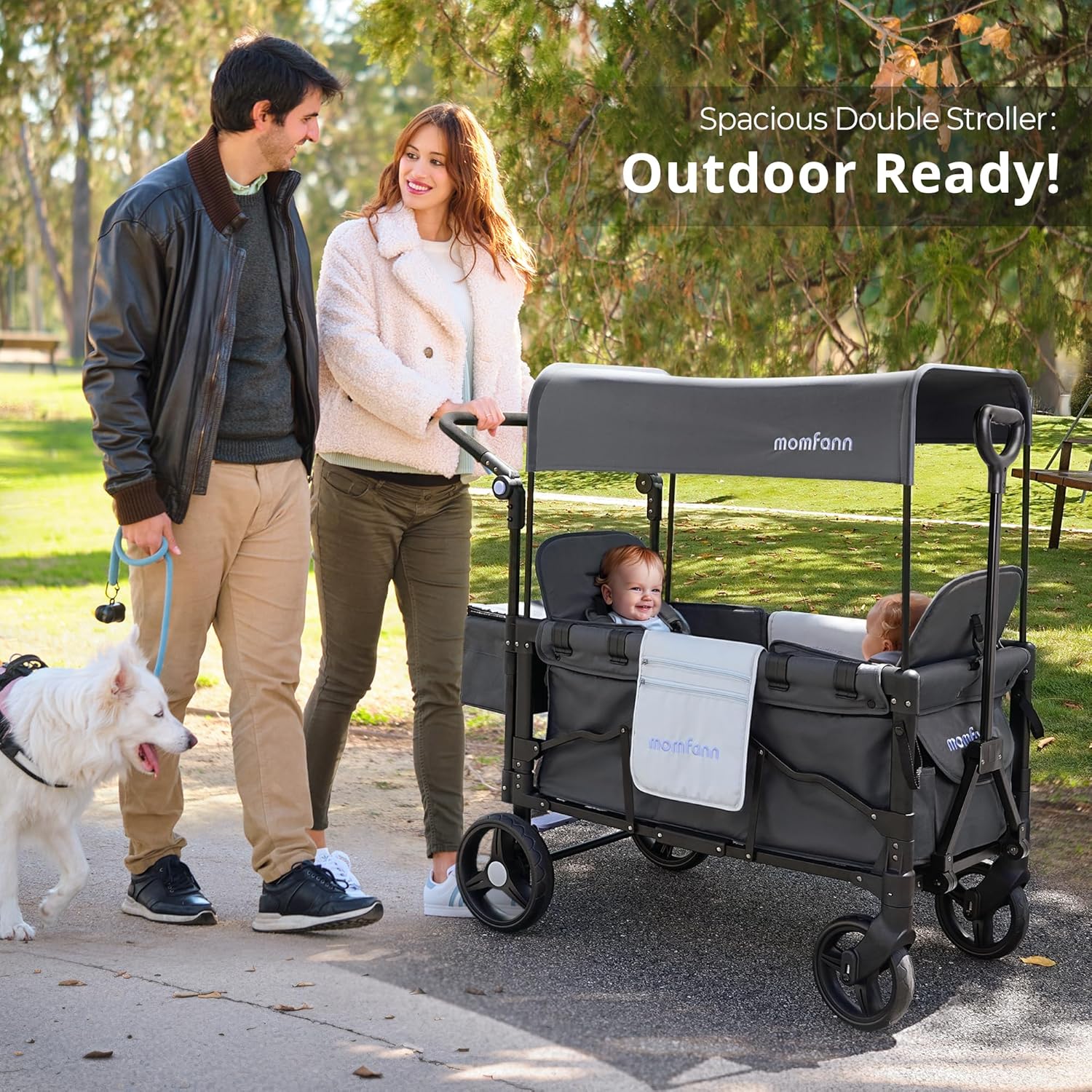 Double-Seater Baby Wagon with Canopy, Push Pull Stroller with Adjustable Handle, Wagon Stroller for 2 Kids & Outdoor Adventures (Dark Grey)