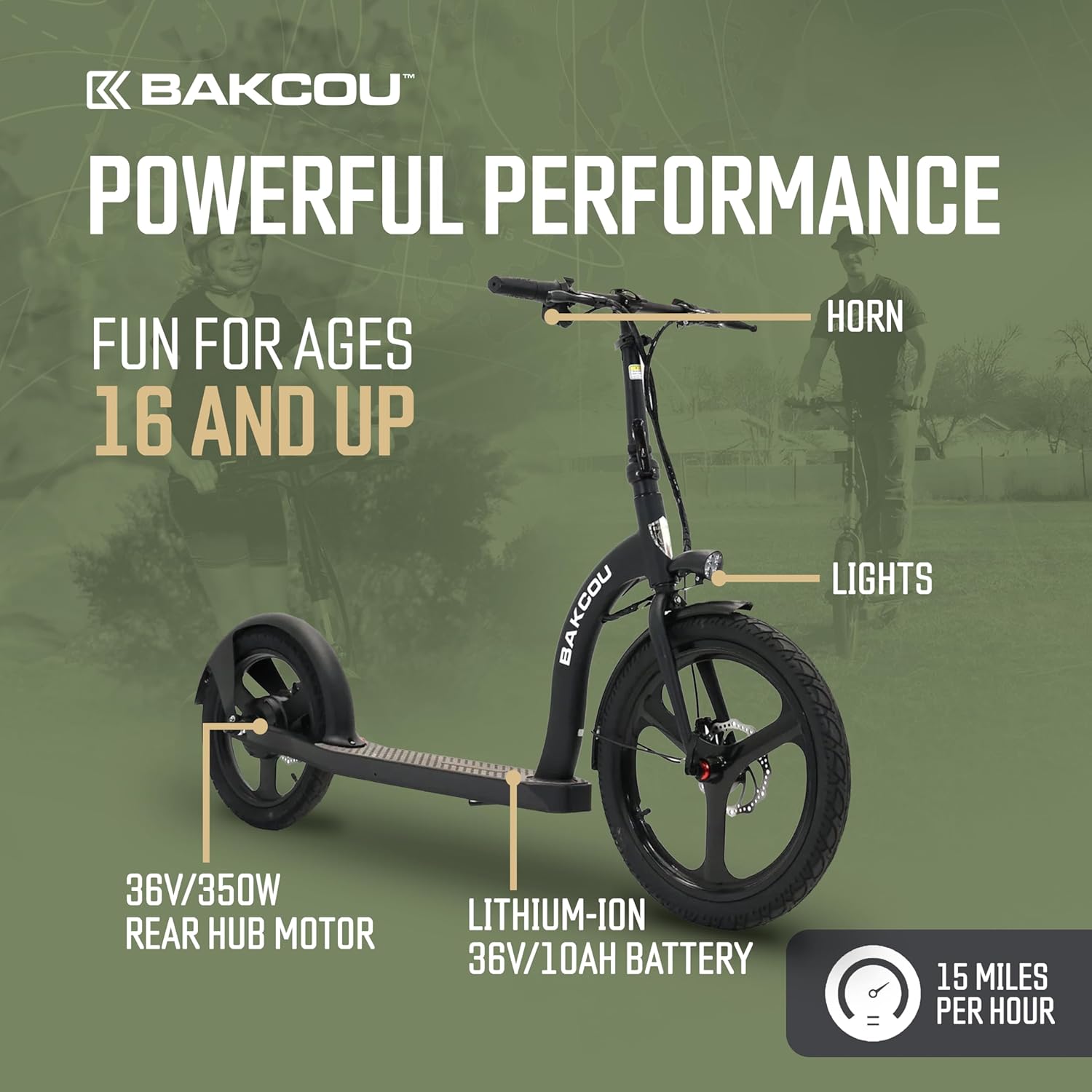 Bakcou - Badger Electric Scooter - 350W Motor, 36V Battery, Foldable, Disc Brakes, Lights, Horn, 20