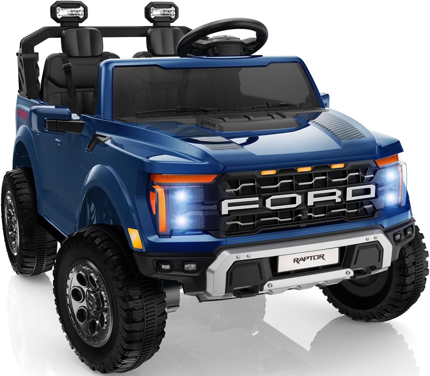 First Ride On Licensed Ford F-150 Raptor 2 Seater Ride on Car for Kids, 24 Volt Ride on Toys for Boys w/Remote Control, Kids Electric Car w/LED Lights, Bluetooth, Truck Bed Storage, Soft Start (Blue)