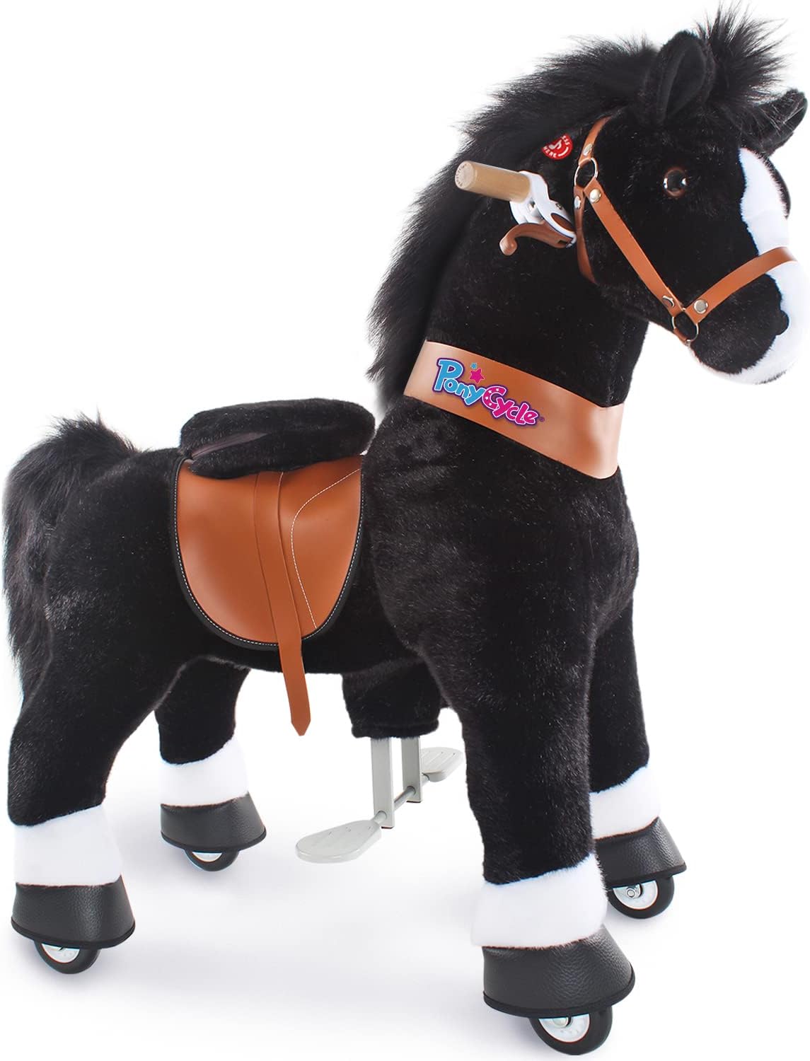 PonyCycle Official Ride On Black Horse with White Hoof Mechanical Pony Giddy up Pony Plush Toy Walking Animal Size 4 for Age 4-8 Years - Ux426