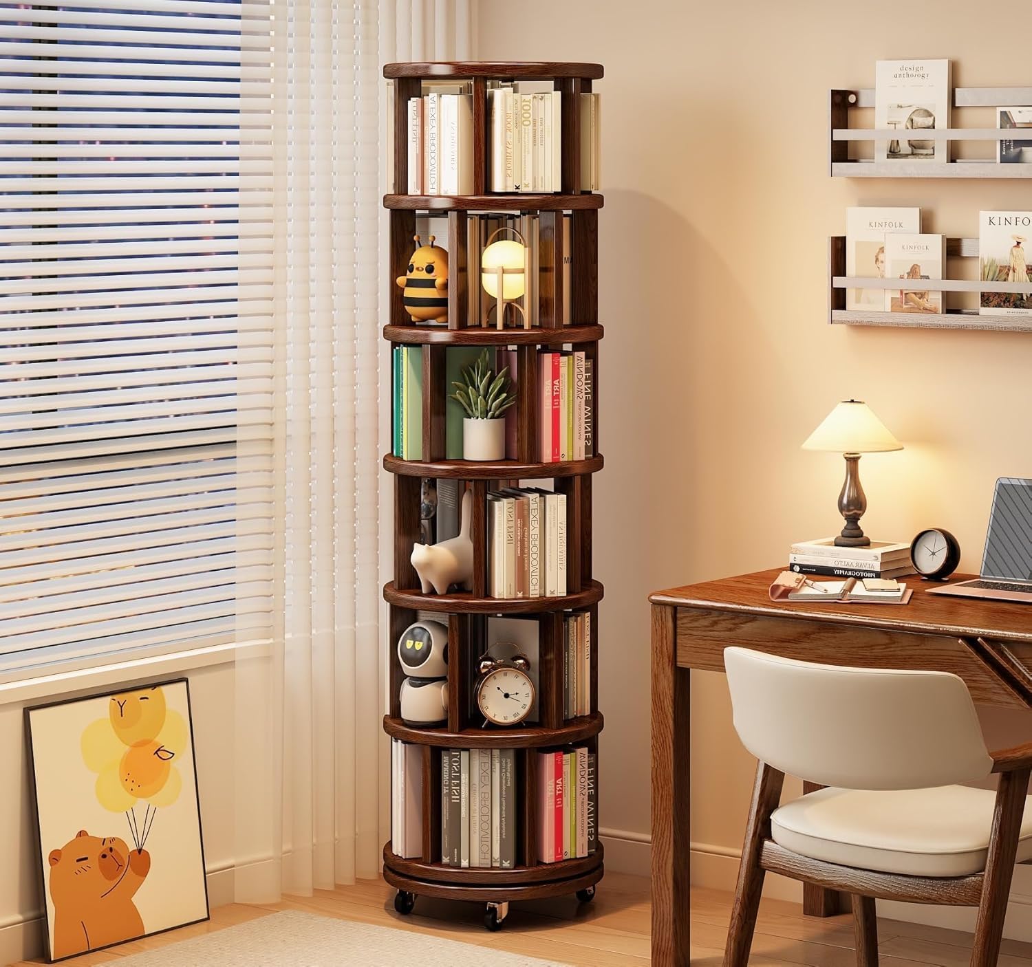 MKSDJIW 6 Tier Rotating Bookshelf 360° Solid Wood Spinning Book Shelf Tower on Wheels Rolling Revolving Bookcase for Small Spaces, Corner, Bedroom, Kids Room, Office (Walnut)
