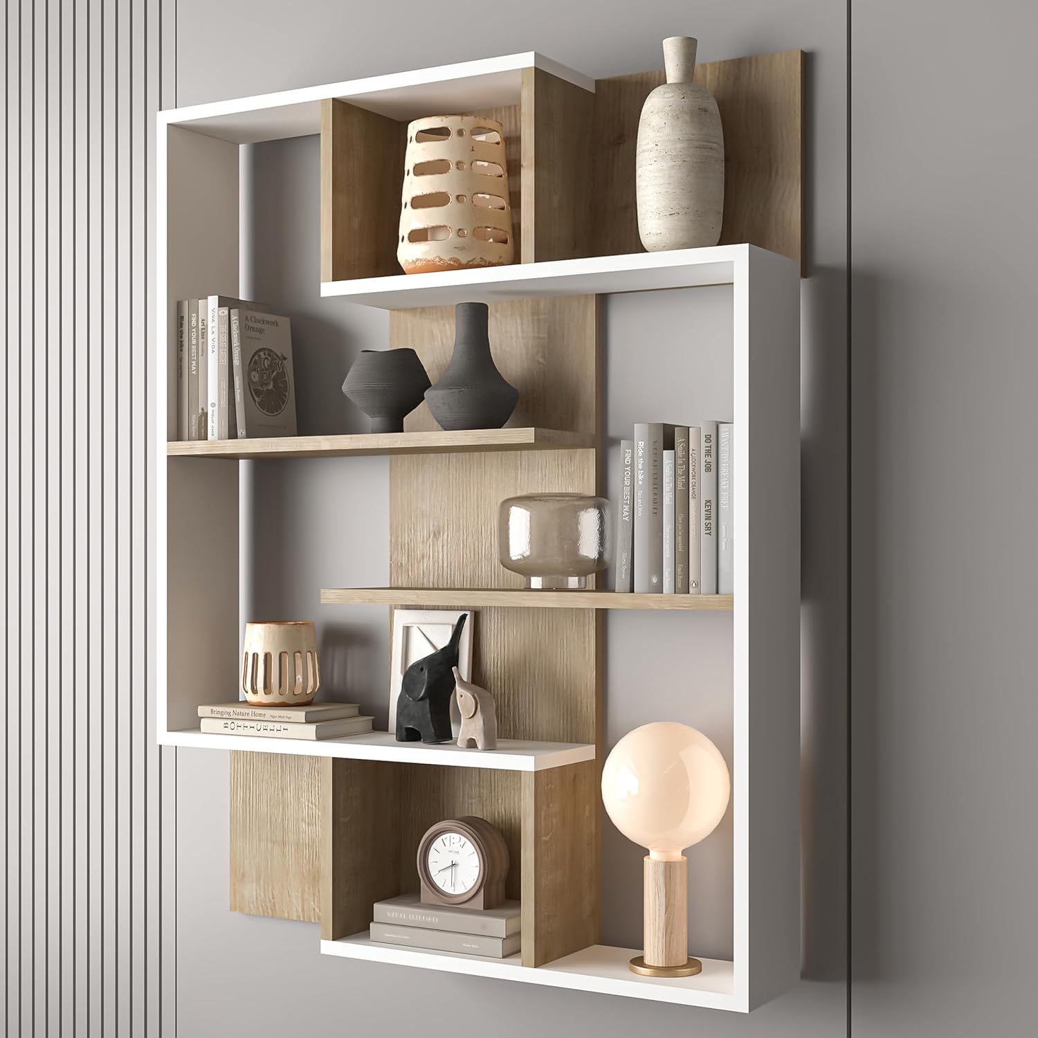 Atelier Mobili 5-Tier Geometric Book Shelf, White and Oak, Kids Bookshelf and Bookcase, Wall Decor, 52.7 x 34.6 x 7 Inches, Book Shelf for Kids Rooms and Book Shelves for Livingroom