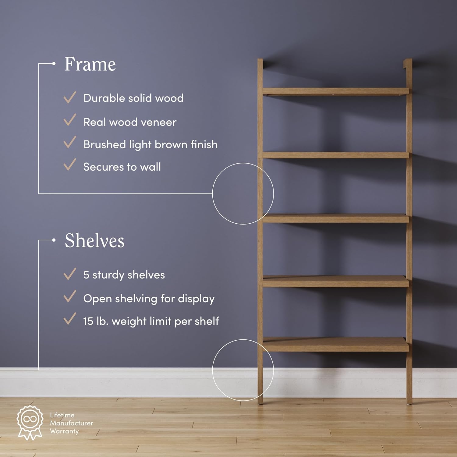 Nathan James Beacon 5 Tier Bookshelf, Wall Mounted Bookcase, Solid Wood Bookshelf in Wire Brushed Finish, Boho Rustic Bookcase, Set of 3