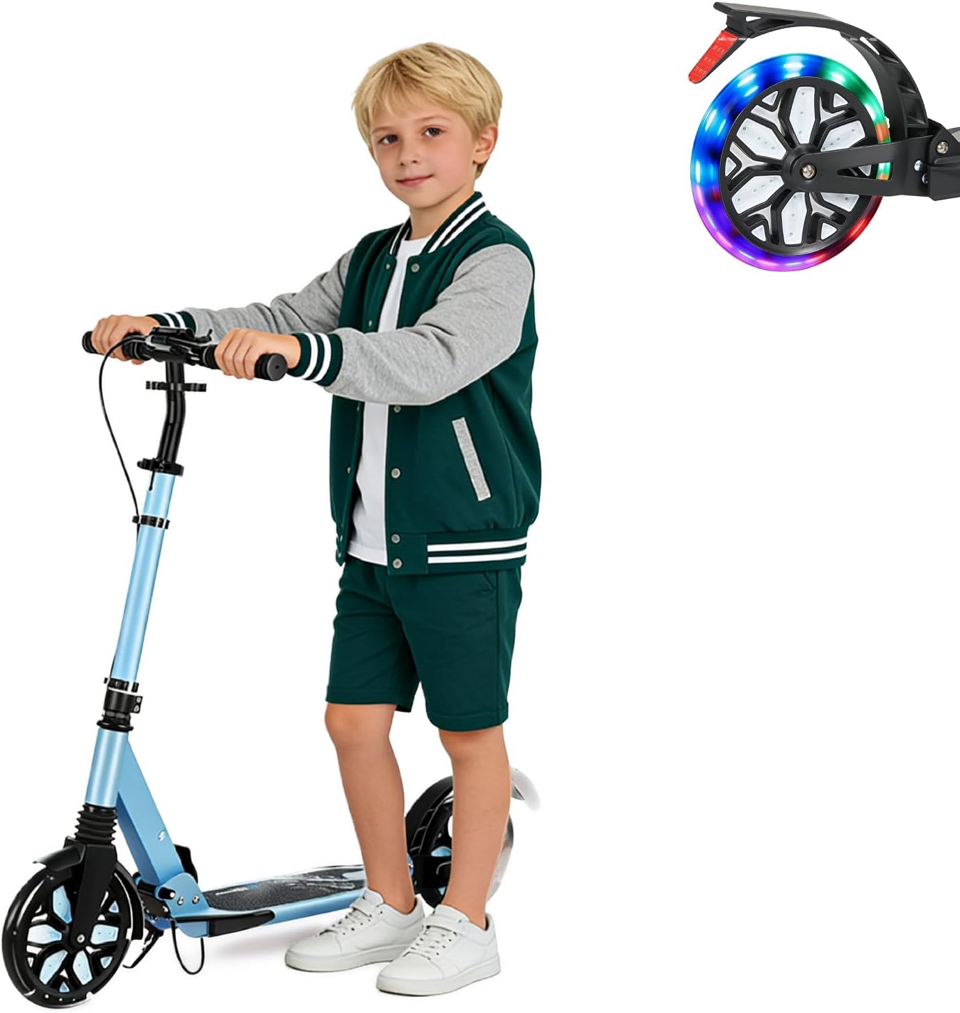 Kick Scooter for Ages 13+, Teens and Adults. Led Light Up Wheels, 4 Levels Adjustable Handlebar, Dual Brakes, Anti-Slip Pedal, Foldable 8in Big Wheels for Kids (300lbs)