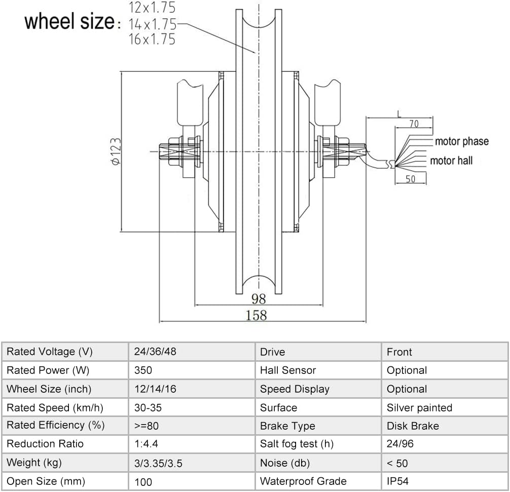 36V 350W 16 Inch Hub Motor Wheel Hall Sensor Aluminium Rim 16x1.75 Tire For Front Drive Scooter Mini Bike Bicycle with the tire（36V）
