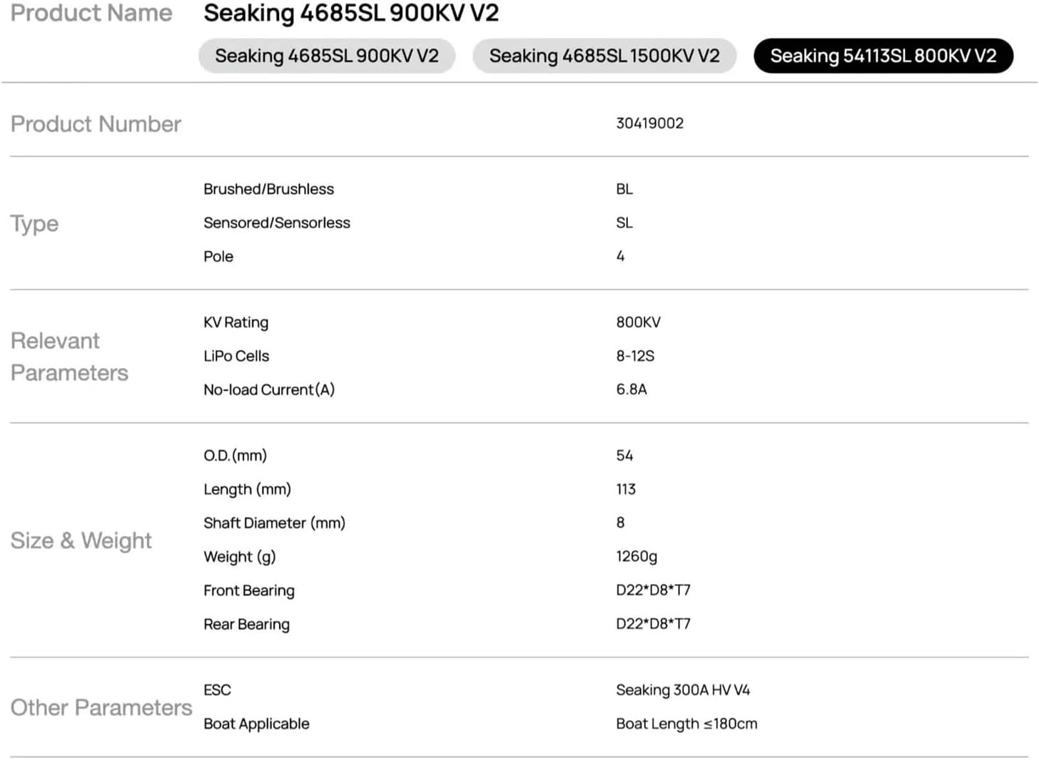 54113SL 800KV V2 Brushless Sensorless 8-12S Motor 200A/300A