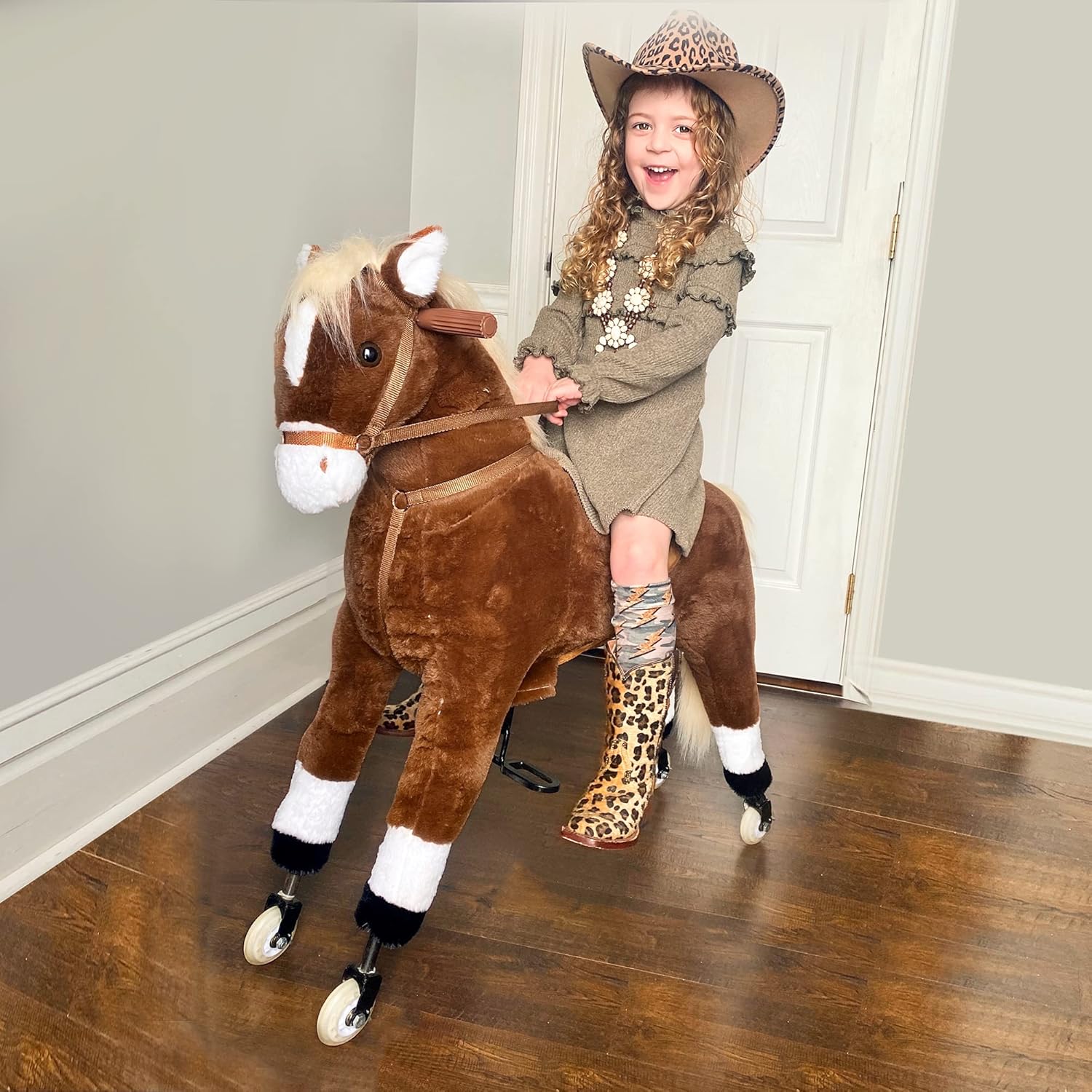 Qaba Kids Ride-on Walking Horse with Easy Rolling Wheels, Soft Huggable Body, & a Large Size for Kids 5-16 Years
