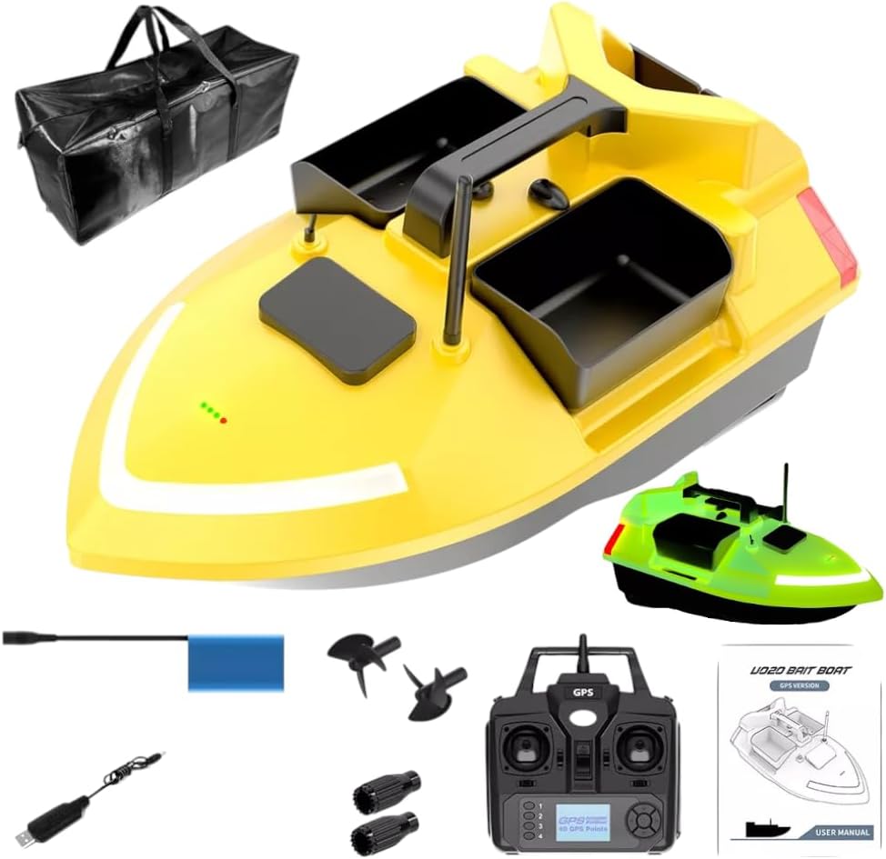 Bait Boat V020 Glow in The Dark, RC Fishing Boat GPS with Dual Motors, 12000mAh Battery, 546 Yards Range, Triple Bin 4.4 Lbs Capacity, Fluorescence Effect