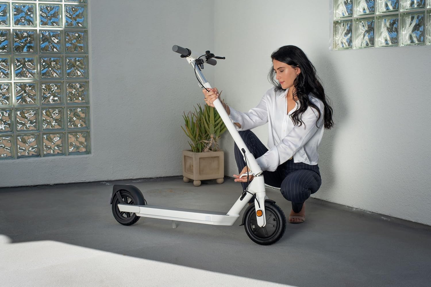 OKAI NEON Electric Scooter with Atmospheric Lights - 25 Miles Range & 15.5 Mph - Lightweight Folding Commuter E Kick Scooters for Adults (White)