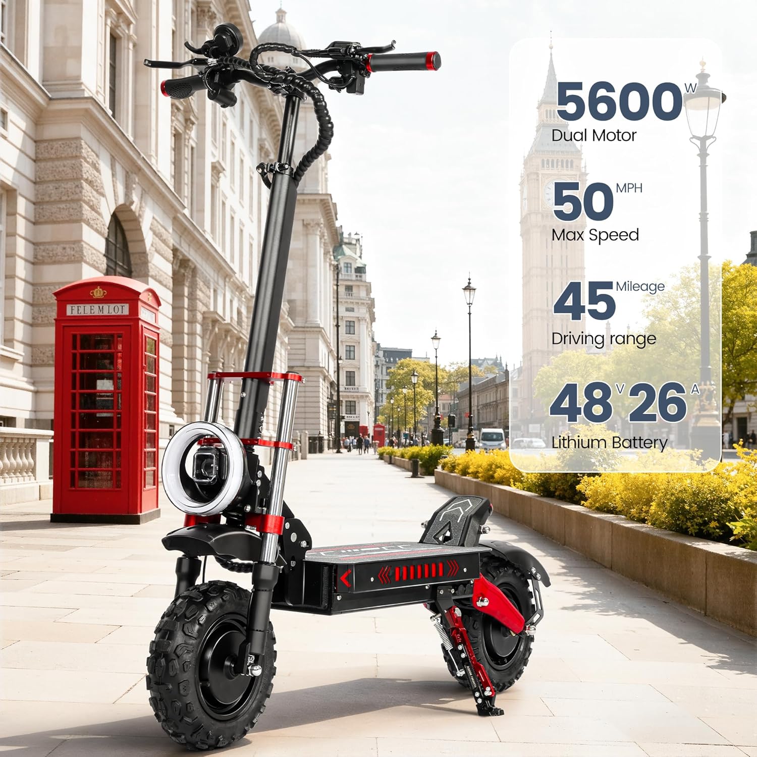 Adult Fast Dual Drive Electric Scooter, Dual Motors 5600 Watts 50 MPH, All Terrain 11'' Off-Road Tires w/Hydraulic Brakes Folding, Dual Suspension Seat Electric Scooter for Commuting and Adventure