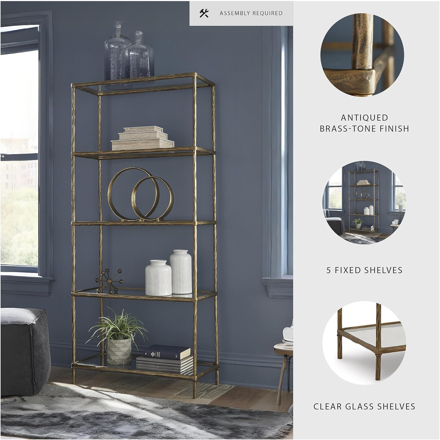 Signature Design by Ashley Ryandale Modern 5 Shelf Bookcase, Antique Brass Finish