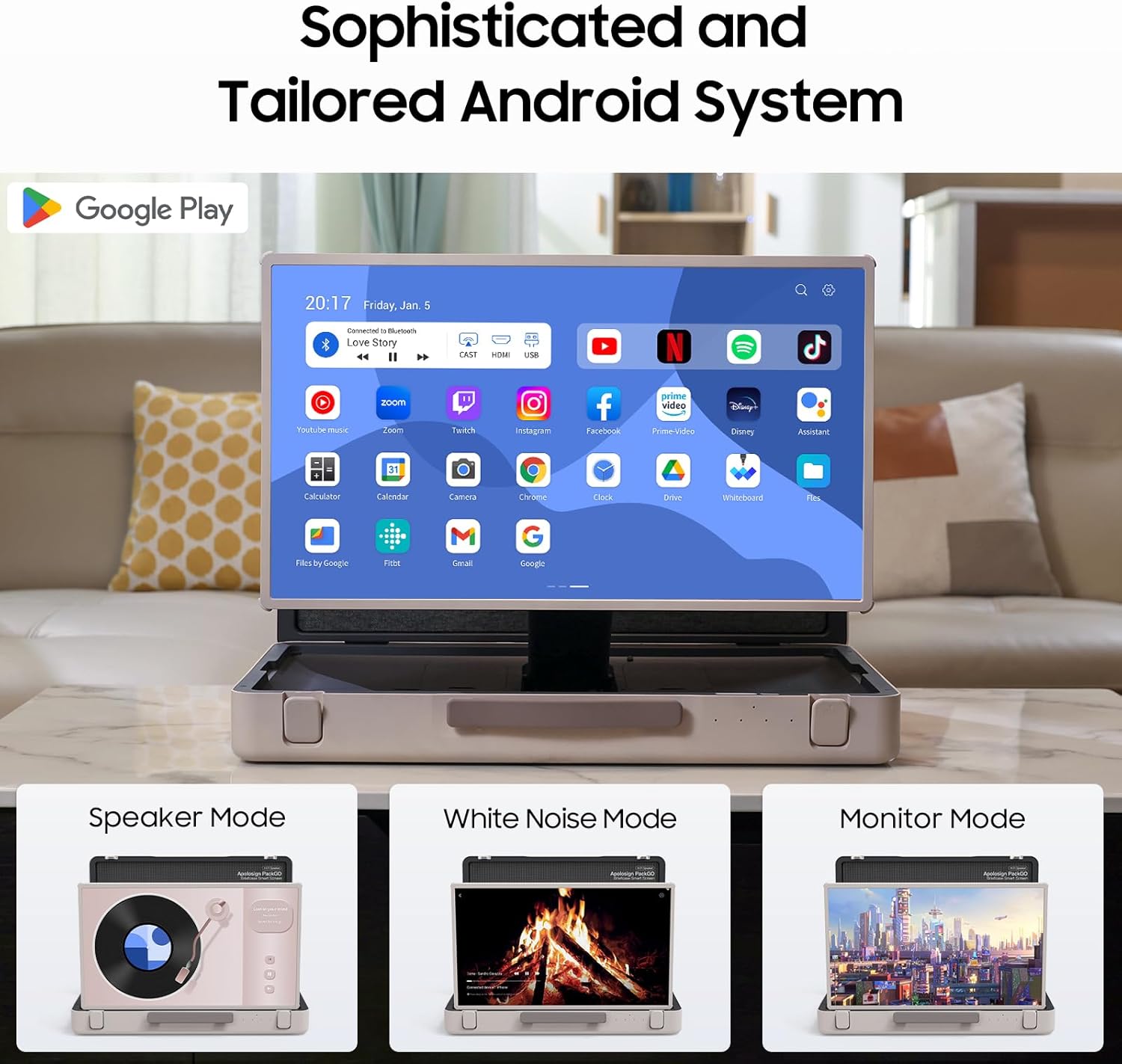 apolosign packgo 27-Inch Portable Entertainment System, Compact Suitcase Design Smart TV, Android OS, Bluetooth 3D Speakers, Built-in Battery 6H, Briefcase Screen Perfect for Travel & Parties (White)