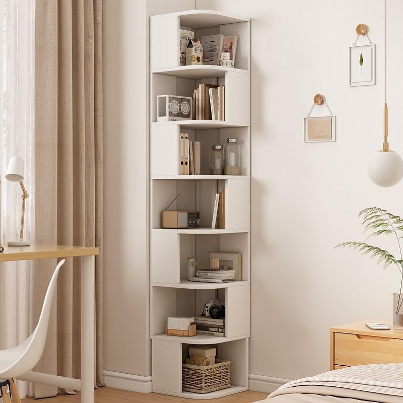 CraftThink 7-Tier Corner Shelves, Solid Wood Bookshelf Display Shelf Vertical Bookcase with Open Back and Multiple Shelves for Living Room Bedroom Home Office (White, 16