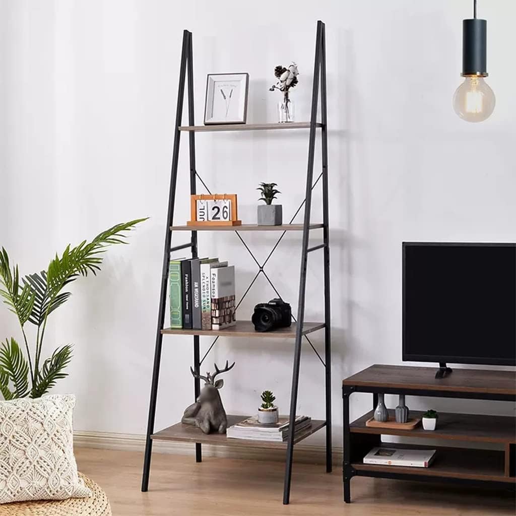 GIZNXBA Bookshelf Ladder Industrial Ladder Shelf Bookcase 4-Tier Tall Book Rack Storage, Free Standing Bookcase Wood Open Ladder Shelves Metal Frame, Display Rack for Home Office (Color : /A Black)