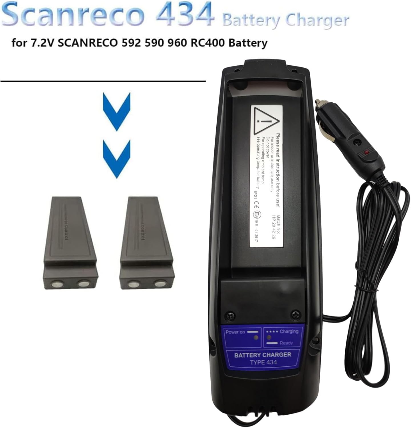 (4*Battery+1*Car Charger) DC 12V to 24V Scanreco 434 Battery Charger with 4Pcs 7.2V Scanreco 592 Battery for Scanreco 590 960 EEA2512 RSC7220 13445 Palfinger EEA2512 RC400 Batteries