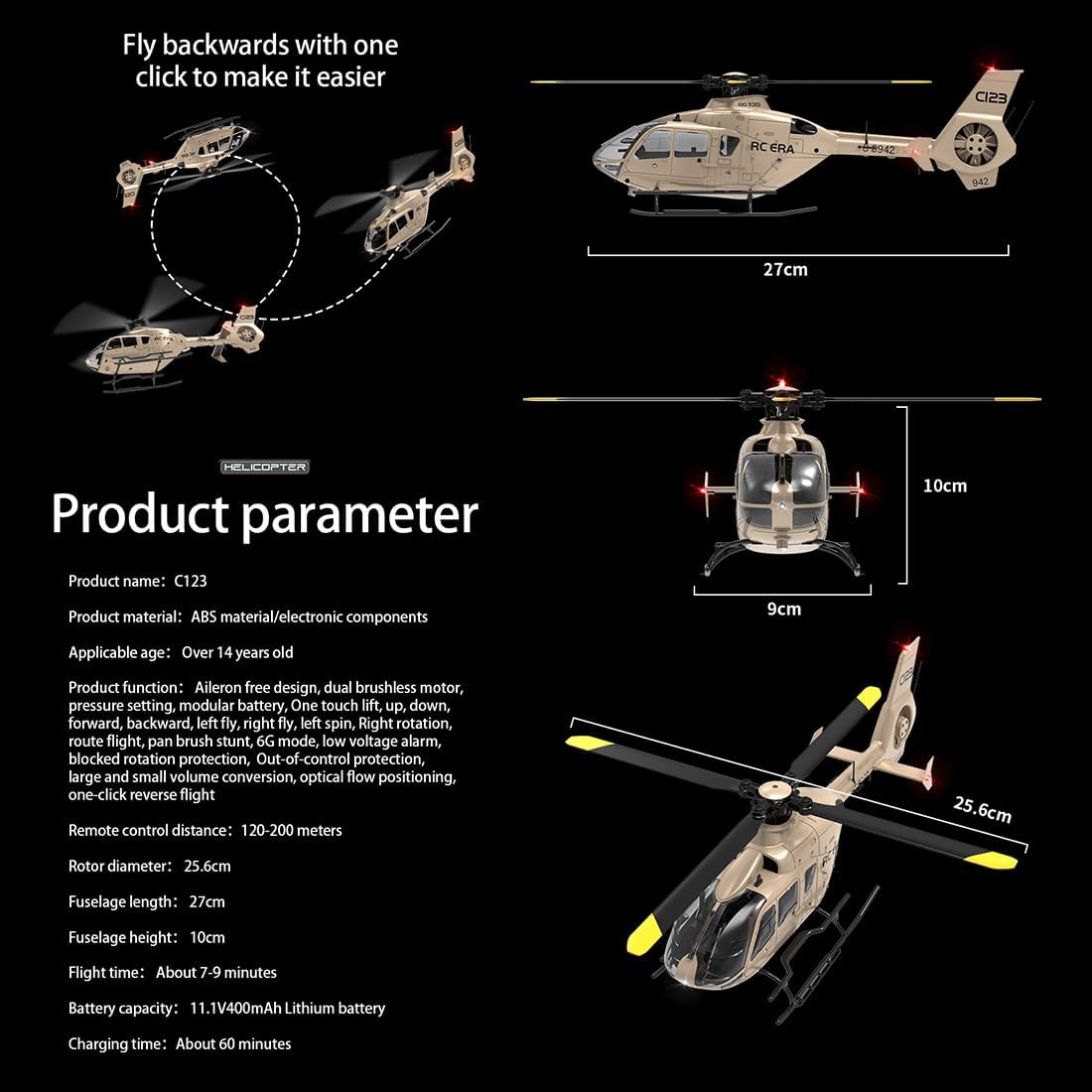 1/36 Scale RC ERA C123 RC Helicopter, EC135 2.4G Remote Control Helicopter 6CH Single-Rotor Gyroscopic, Military RC Aircraft Model for Adult | Altitude Hold, One-Key Takeoff/Landing
