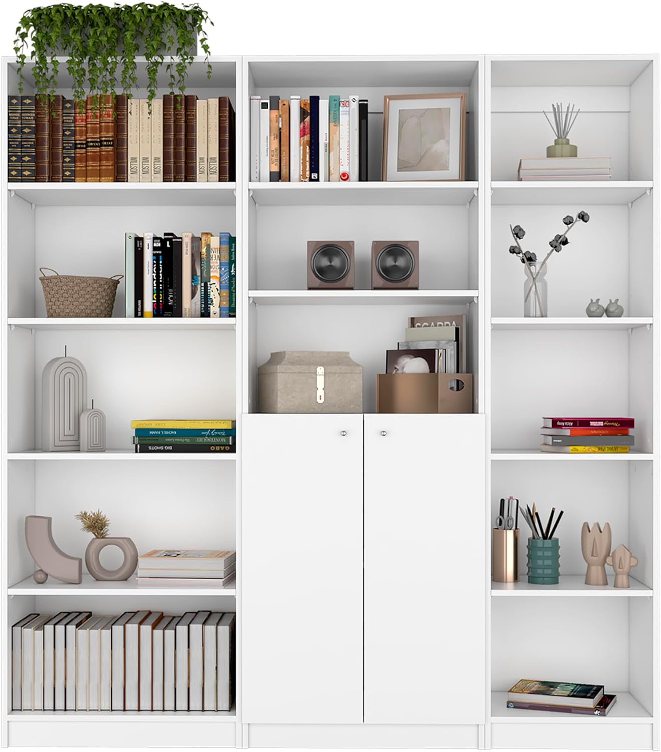 agnixnaf White Bookshelves Set of 3 with 10 Shelves, Lower Double Door, Rectangular Bookcase, Modern, for Office, Bedroom, Living Room, Study Room