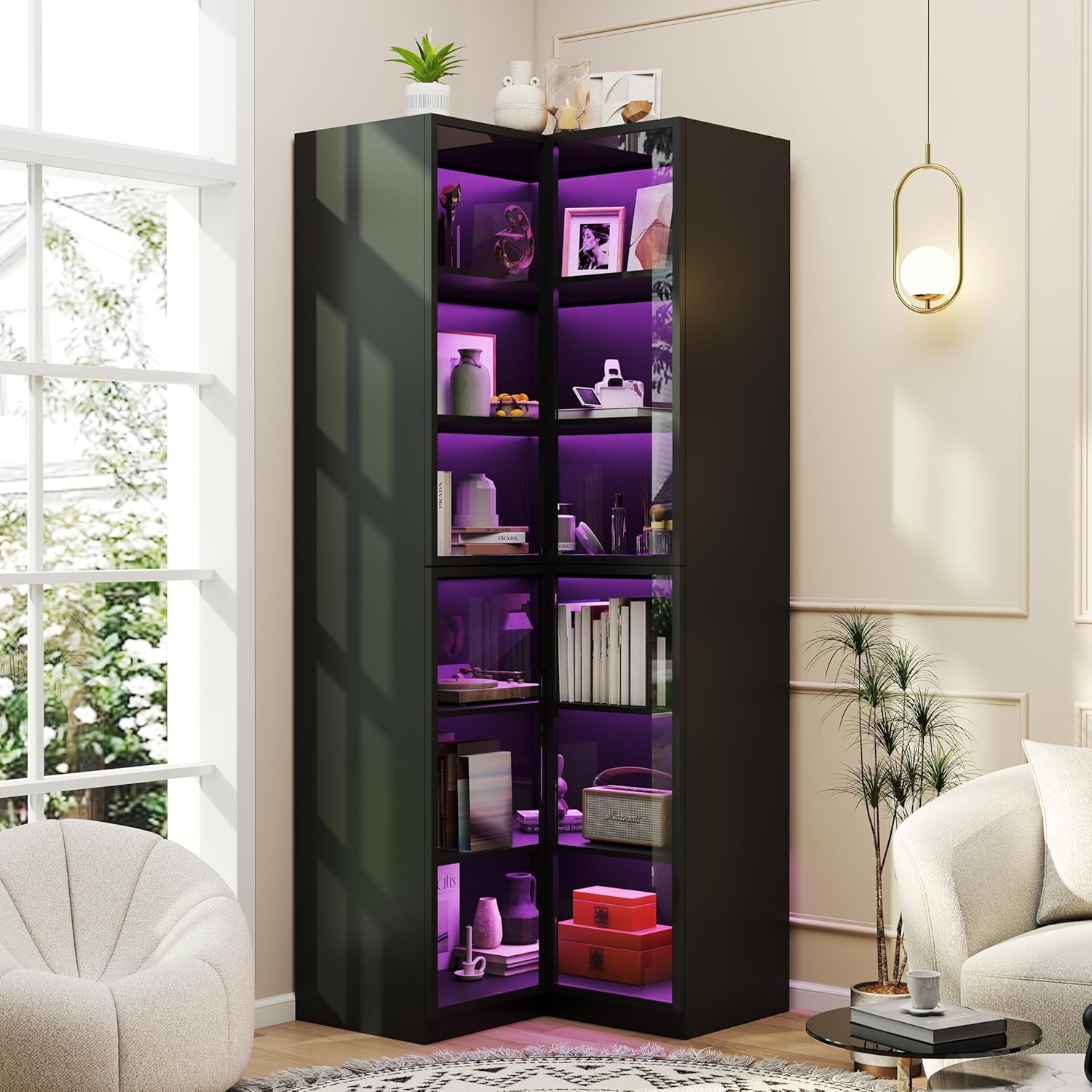 LABROSKIA Tall Wooden Corner Bookcases with Glass Doors, Showcase Display Cabinet with Led Lights(79