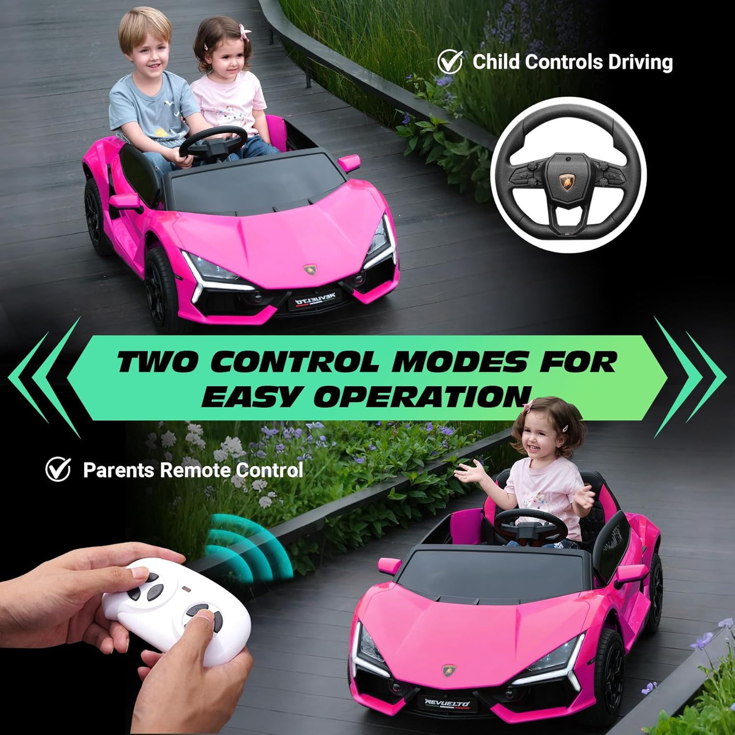 Oryxearth 24V Ride on Car with Scissor Door, Electric Toy Car with 2.4G Remote Control, Power Wheels for Child w/Bluetooth, Music, Story, 2 Safety Belts and LED Lights, 2 Speeds, Up to 132lbs, Pink
