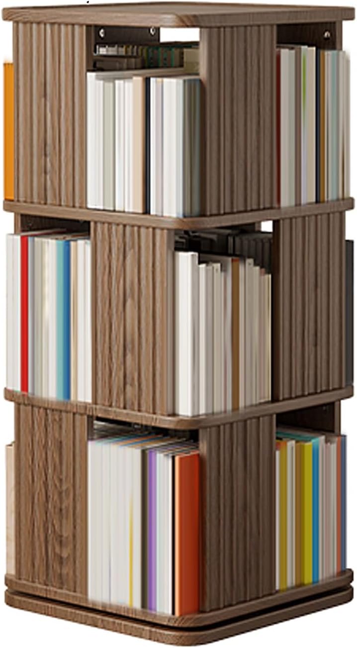 GAMAK Rotating Bookshelf 2-4 Tier Revolving Bookcase 360 Display Floor Standing Bookcase Storage Rack Wood Book Shelf Organizer for Bedroom Living Room Study Room (Color : Walnut, Size : Three)