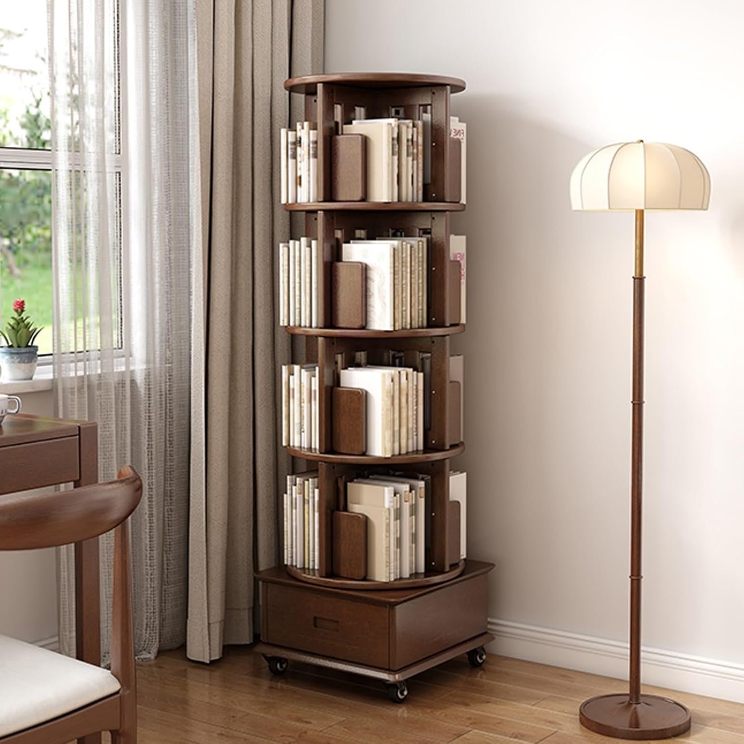 4/5 Tier 360° Rotating Bookshelf Tower Freestanding Spinning Bookshelf with Wheels Bookshelve Solid Wood Storage Display Rack Open Narrow Bookcase for Living Room Study Room Office(Walnut,48*48*153cm/