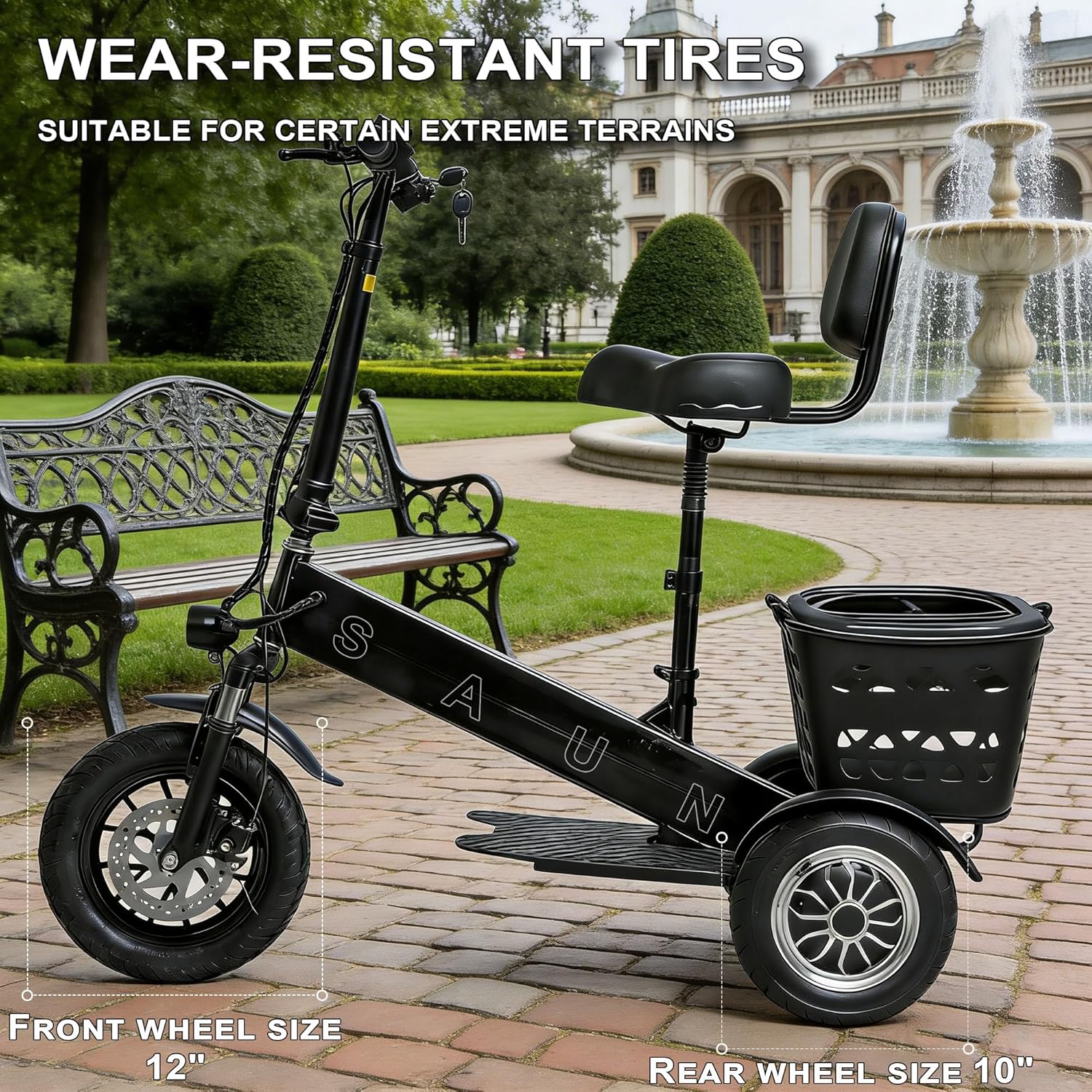 saun Mobility Scooter for Adults -Foldable, 3 Wheel Electric Scooter for Seniors -Lightweight, Portable Commuter Scooter with Adjustable Speeds, 330 lbs Load