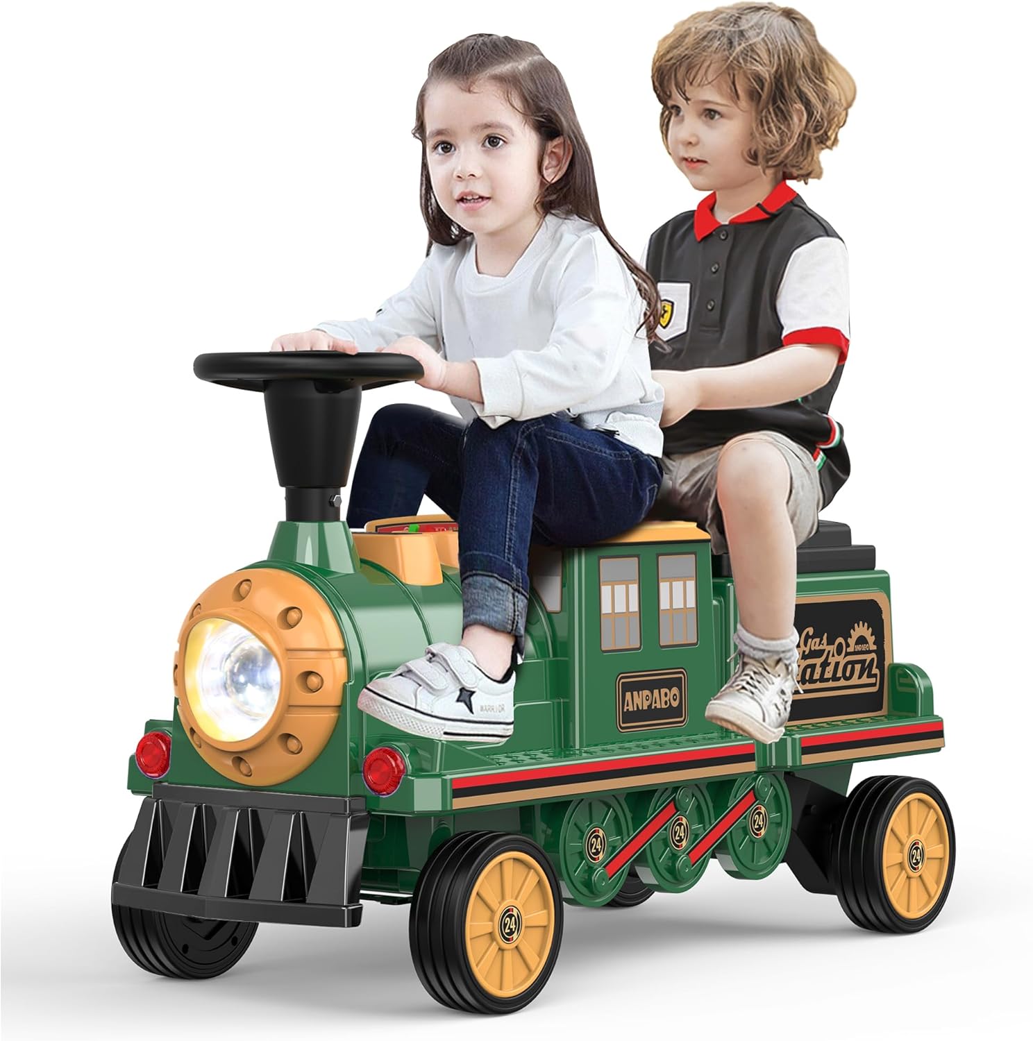 ANPABO 2-Seater Ride On Train Trackless, 12V Kids Car with Height-Adjustable Seat, Extra Storage, Headlight, Train Whistle & Music, Electric Car for Kids 3+ (Carriage Not Included), Green