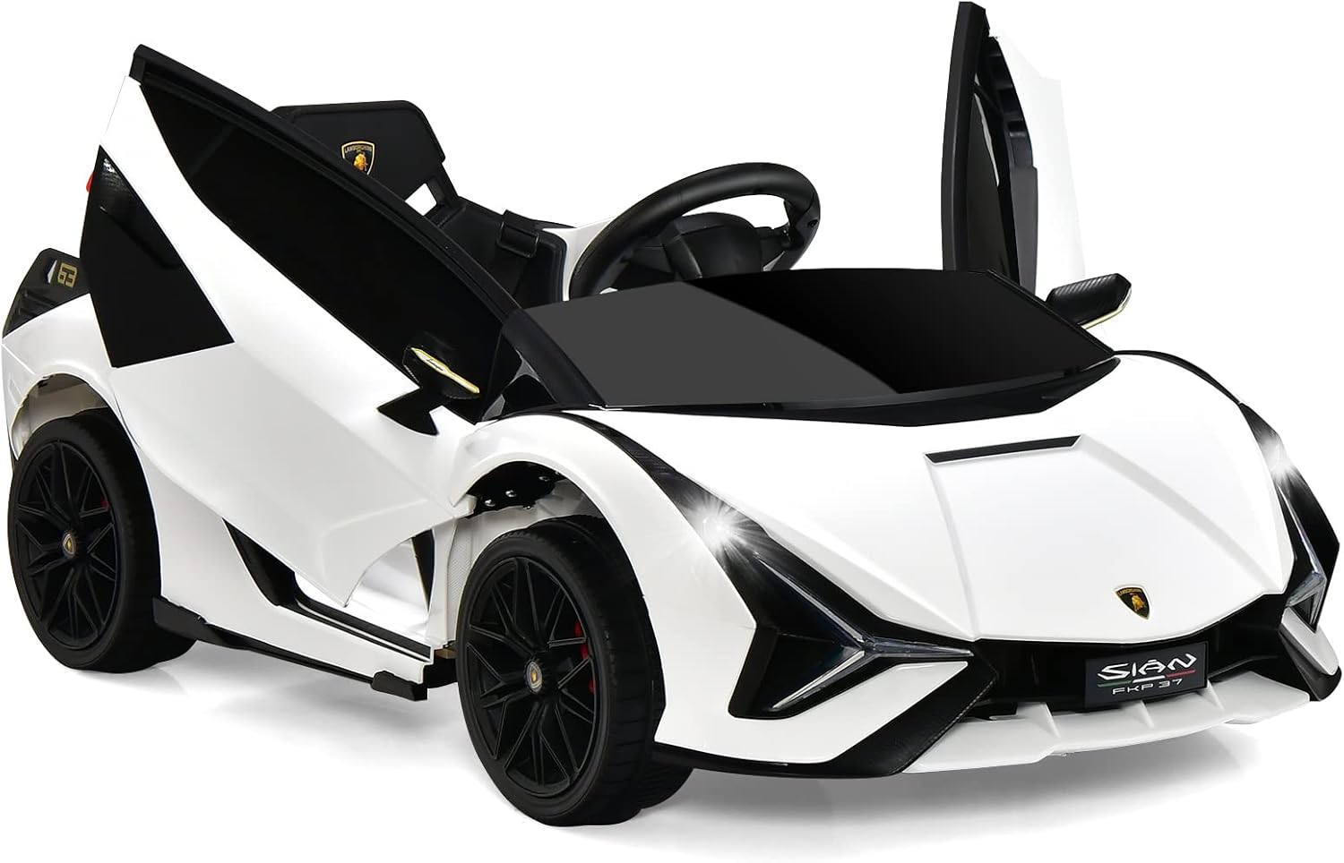 OLAKIDS Kids 12V Licensed Lamborghini SIAN Ride On Car, Electric Vehicle for Toddler with Control Remote, Battery Powered Toy with Music, Horn, 2 Speeds, Suspension, LED Lights, Bluetooth, USB (White)