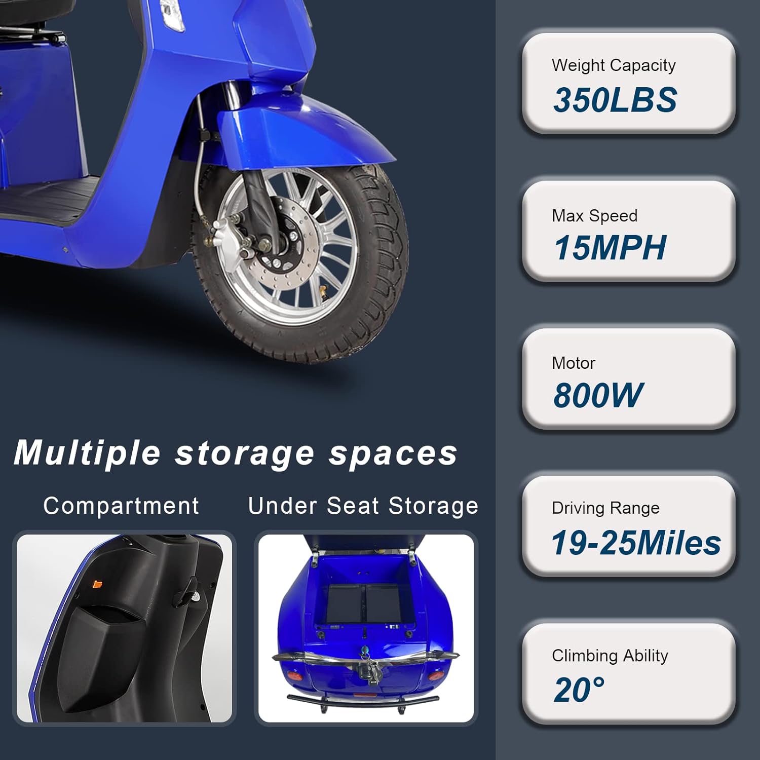 Mobility Scooter 3Wheel Scooter Adult Three Wheel Medical ScooterLoad 500 Pounds Endurance 30mph. (Blue)
