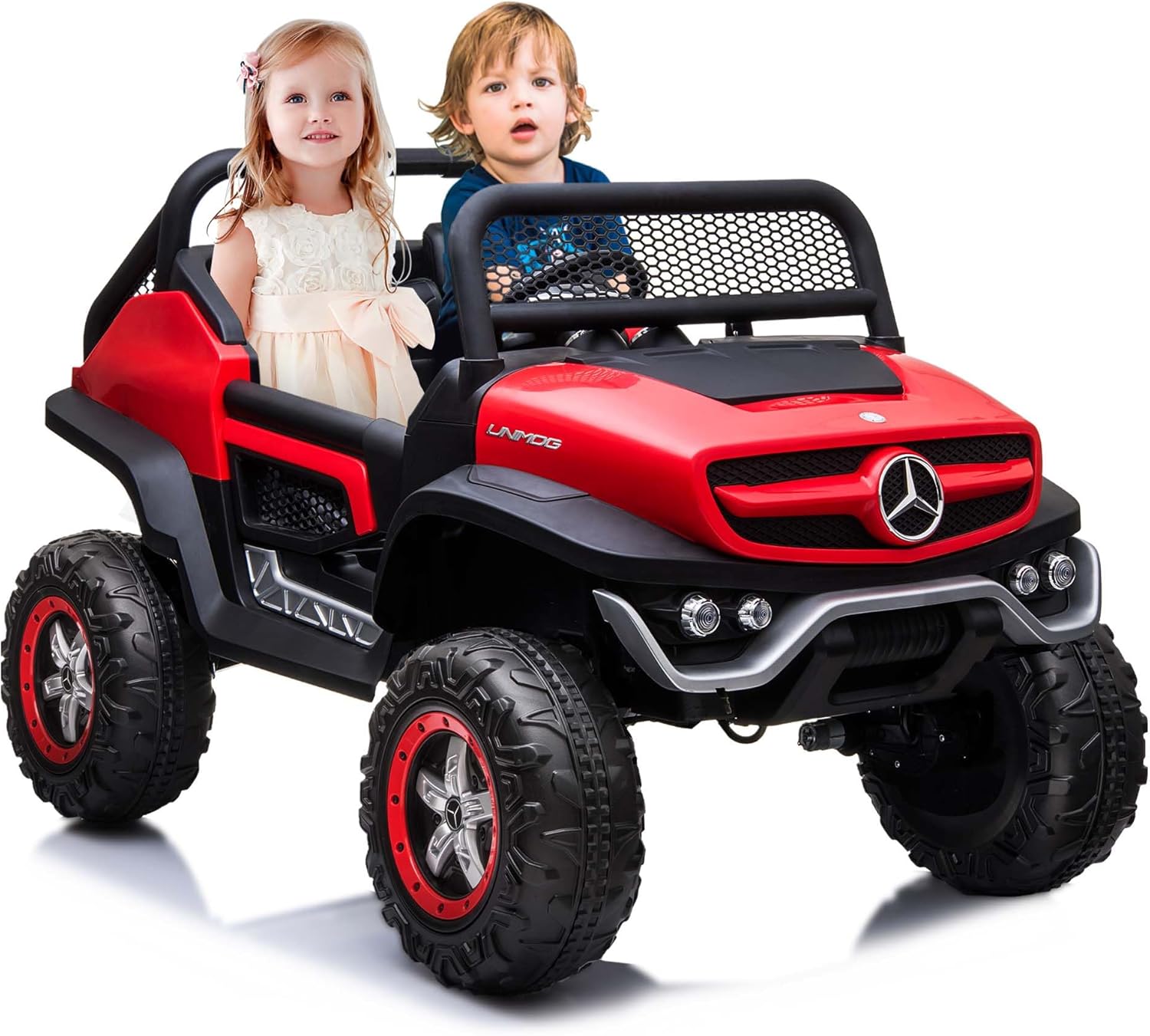 24V Ride On Truck Car for Kids 2 Seater Licensed Mercedes Benz Toddles Electric Car Ride On Toy with Remote Control, Trunk, Battery Display, Spring Suspension, Led Lights, USB&Music, Red