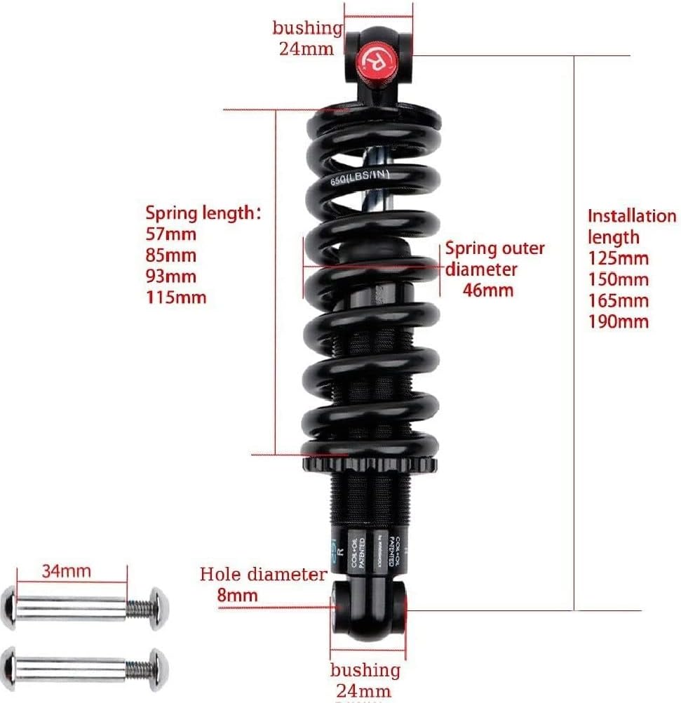 Shock Absorber Replacement Rear Shock Absorber Coil Spring Suspension Alloy Steel with Bushing Hardware for Electric Bikes Mountain and Scooters(125mm/750Lbs)