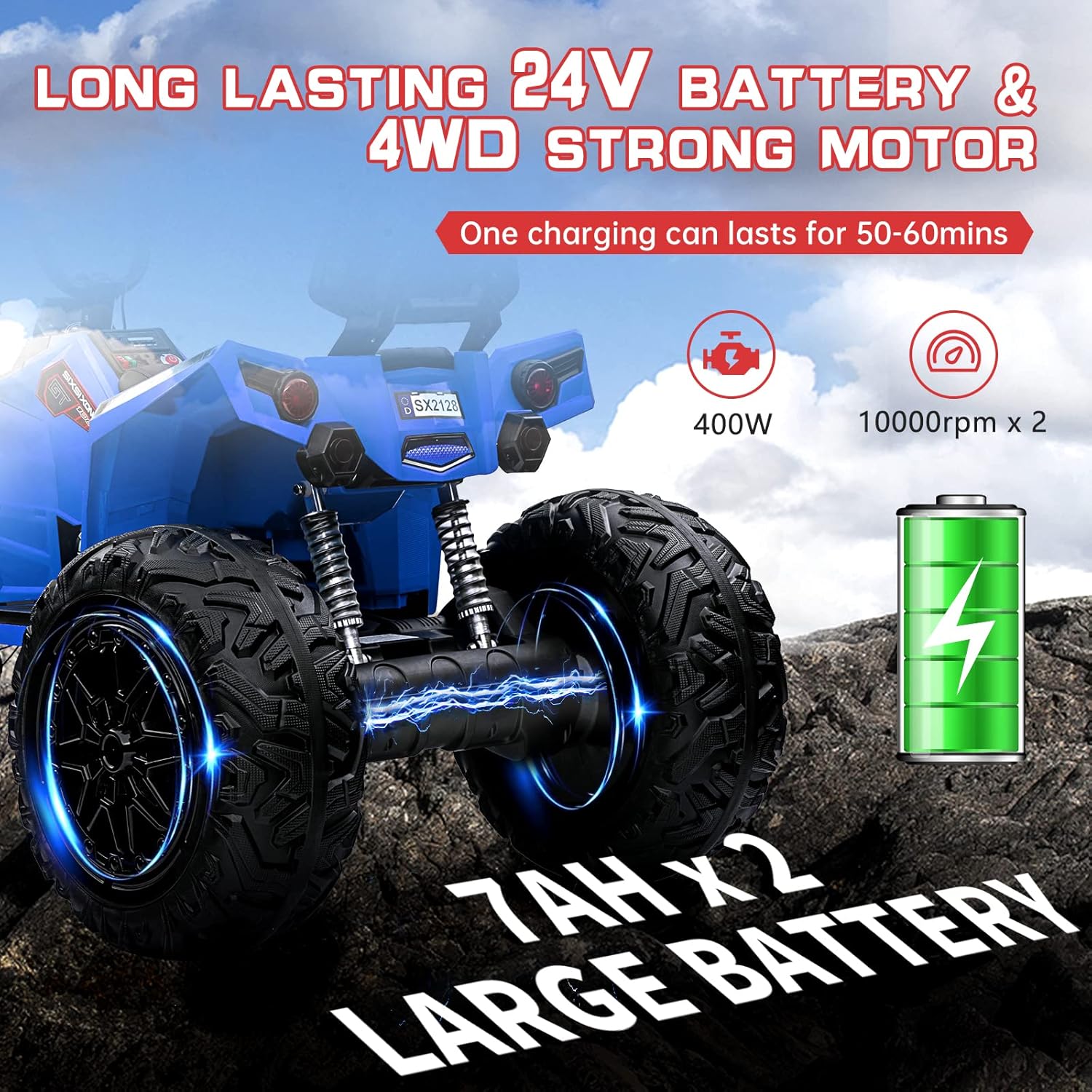 24V Kids ATV, Hetoy Ride on Car 4WD Quad Electric Vehicle, 4x80W Powerful Engine, with 7AHx2 Large Battery, Accelerator Handle, EVA Tire, Full Metal Suspension, LED Light, Bluetooth&Music, Blue-Black