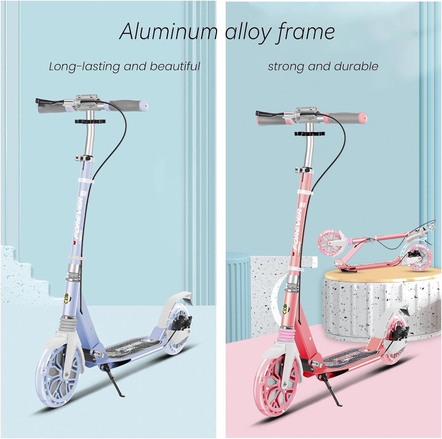 Folding Kick Scooter for Kids and Teens,2 Flash Wheels Scooter with 5-Level Adjustable Handlebar,Dual-Brake System,Aluminum Alloy Frame,Sports Scooter for Ages 8+,300Lb Weight Capacity