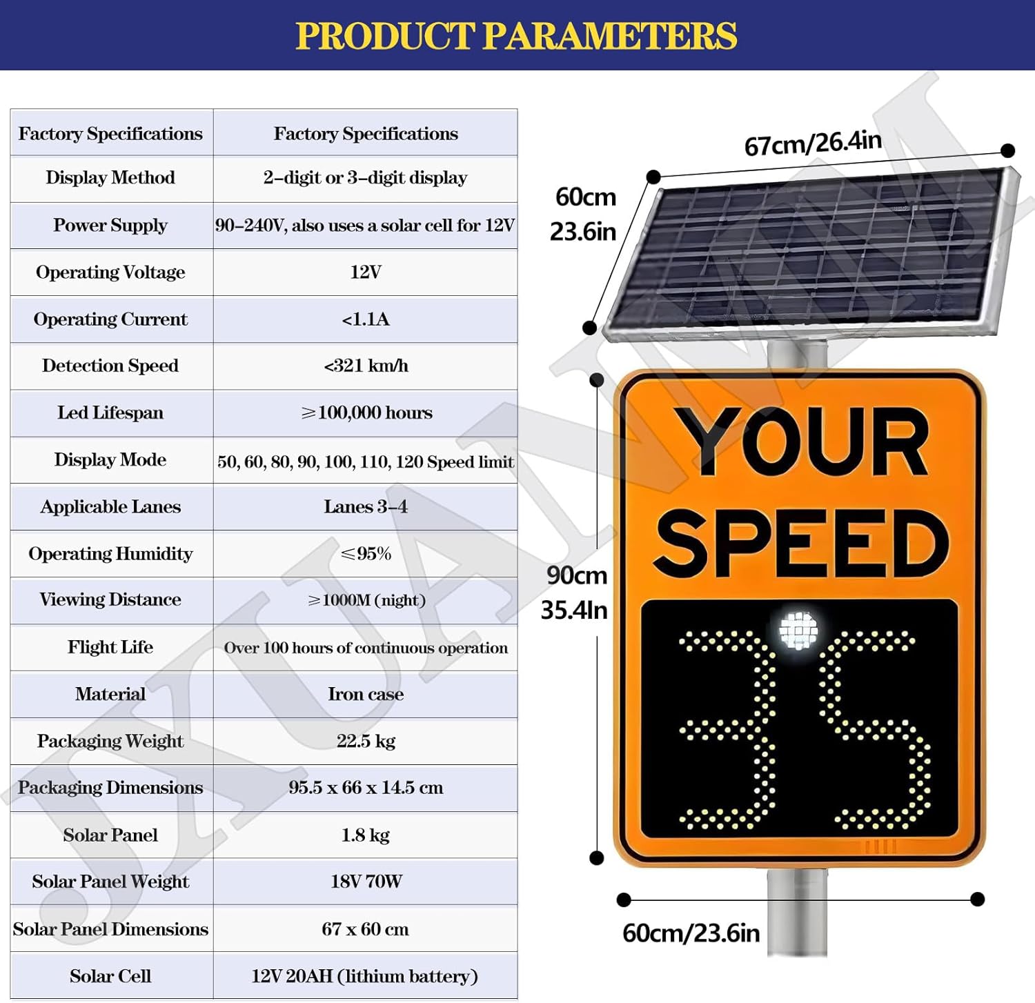 Solar Powered Radar Speed Limit Sign - LED Speed Limit Radar Detective Display, Radar Feedback Sign, Applicable to Highways, Speed-Limited Roads Orange-23.6×35.4in/60x90cm