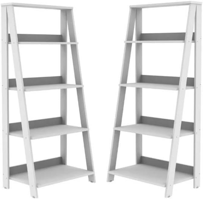 Home Square 4 Shelf Transitional Wood Ladder Bookcase Set in White (Set of 2)