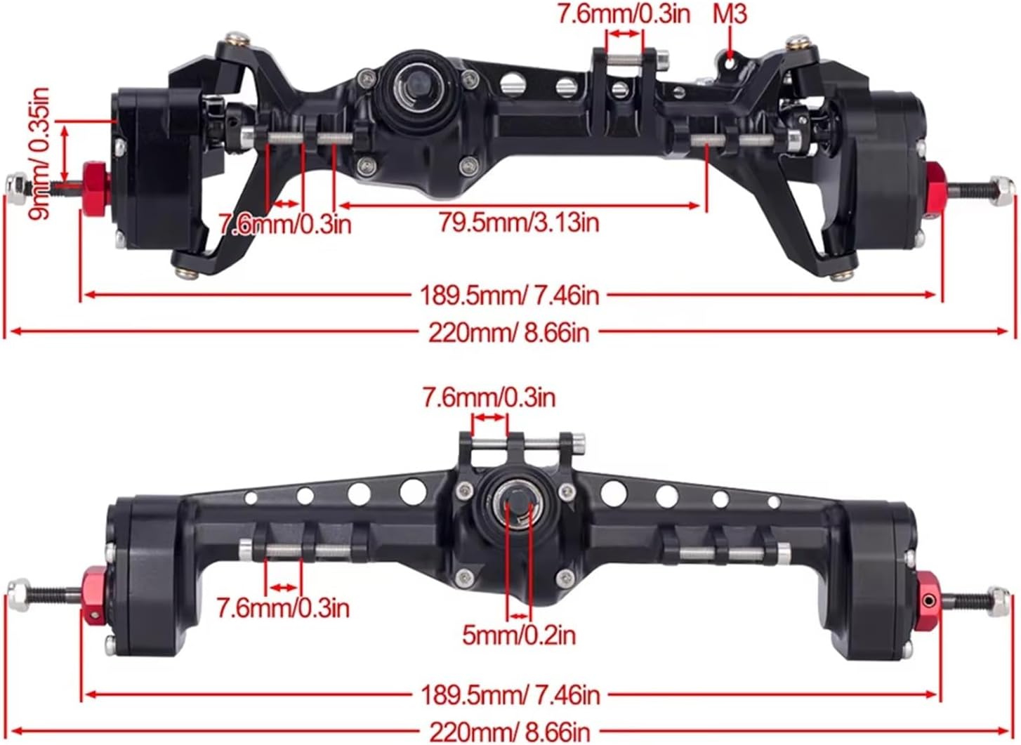RC Car Front Rear Axle Compatible with Axial for SCX10 III 1/10 RC Car Parts Dual Servo Mount Steering Rod Front Rear Axle with Constant Velocity Driveshift(Black,Front and Rear)