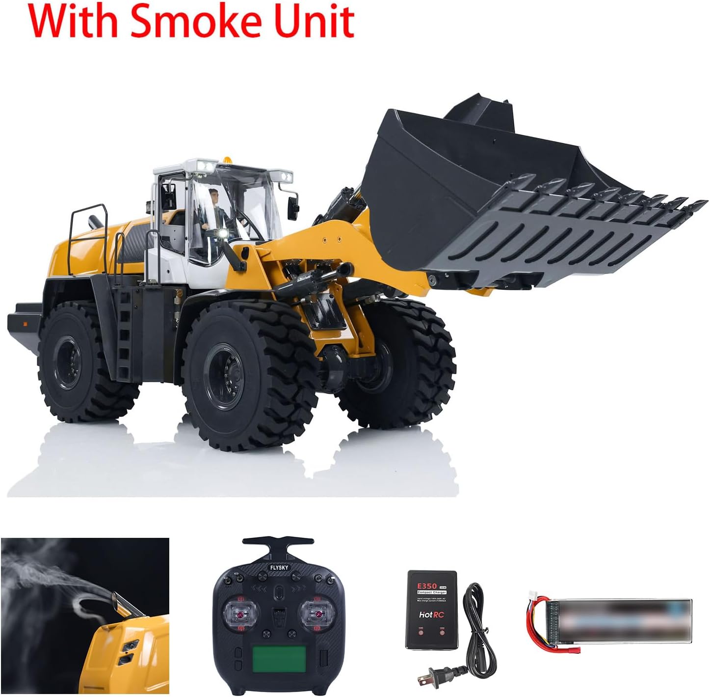 US in Stock, XDRC 1/14 RC Hydraulic Wheeled Loader 580 RTR RC Construction Vehicle 4-Way Reversing Valve Sound Light ST8 Radio Controller Hobby Grade Model (Yellow-with-Smoke)