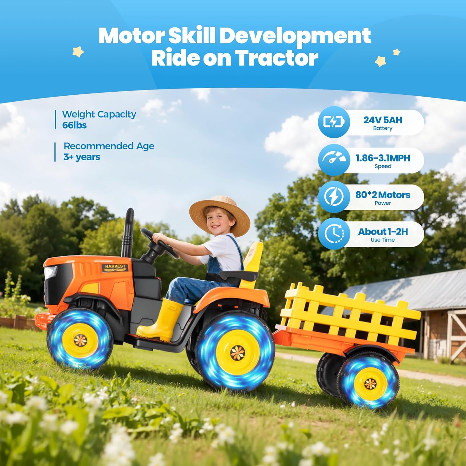 24V Kids Ride On Tractor with Detachable Trailer, Electric Power Wheels Tractor Remote Control for Toddlers Big Kids Ages 3+,Safty 3-Speed,2x80W Motors,Adjustable Armrest,Headlight Music