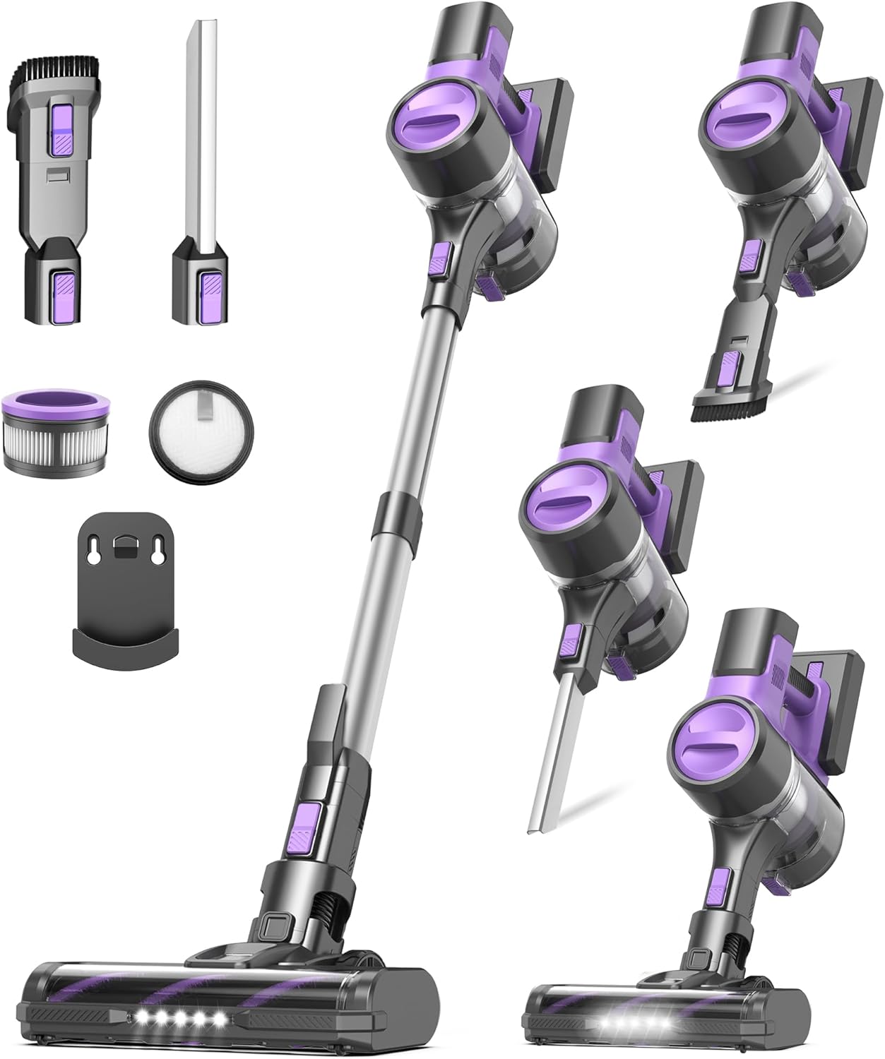 Yassol S10 Cordless Vacuum Cleaner, 55Kpa 60mins Lightweight Stick Vacuum with Powerful Suction for Home, Rechargeable, Self-Standing, Handheld Vacuum Cleaners for Hardwood Floors, Carpets, Purple