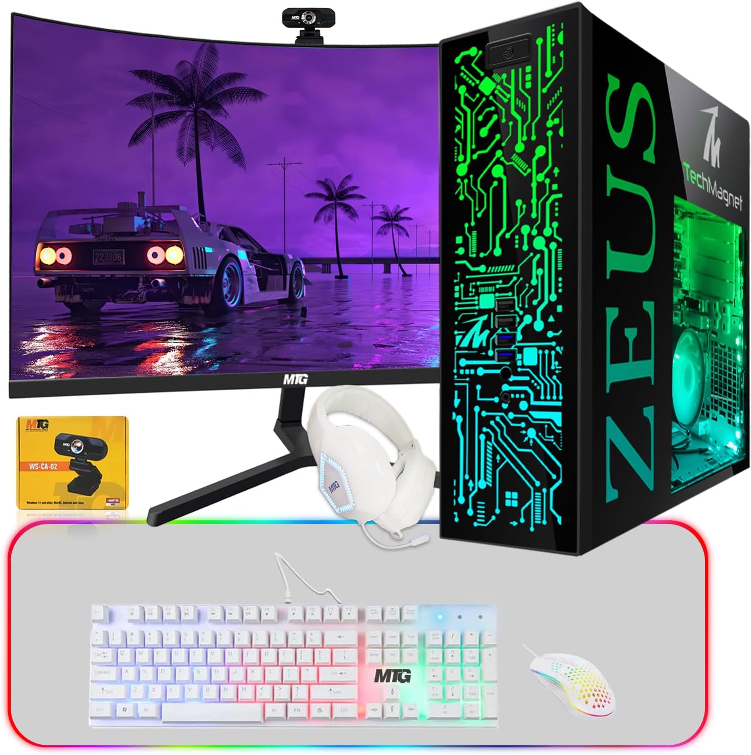 TechMagnet Gaming Desktop PC, Intel Core i7 6th Gen, Zeus Pro 6, GT 1030, 16GB ARGB RAM, 1TB SSD + 4TB HDD, 24 Inch Curved Monitor, 4 in 1 Gaming Kit Webcam, WiFi, Windows 11 (Renewed)