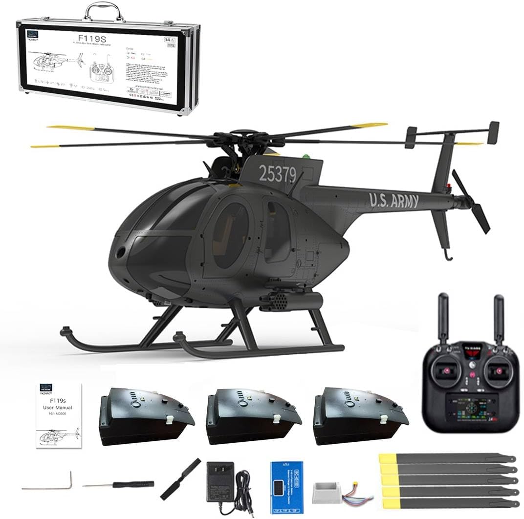 1/16 F119S MD500 Little Bird 250-Class Remote Control Helicopter, 2.4G 9CH Military RC Helicopter with Flybarless Rotor Head/6G/3D Switchable Modes/Openable Cockpit, Gift -RTF