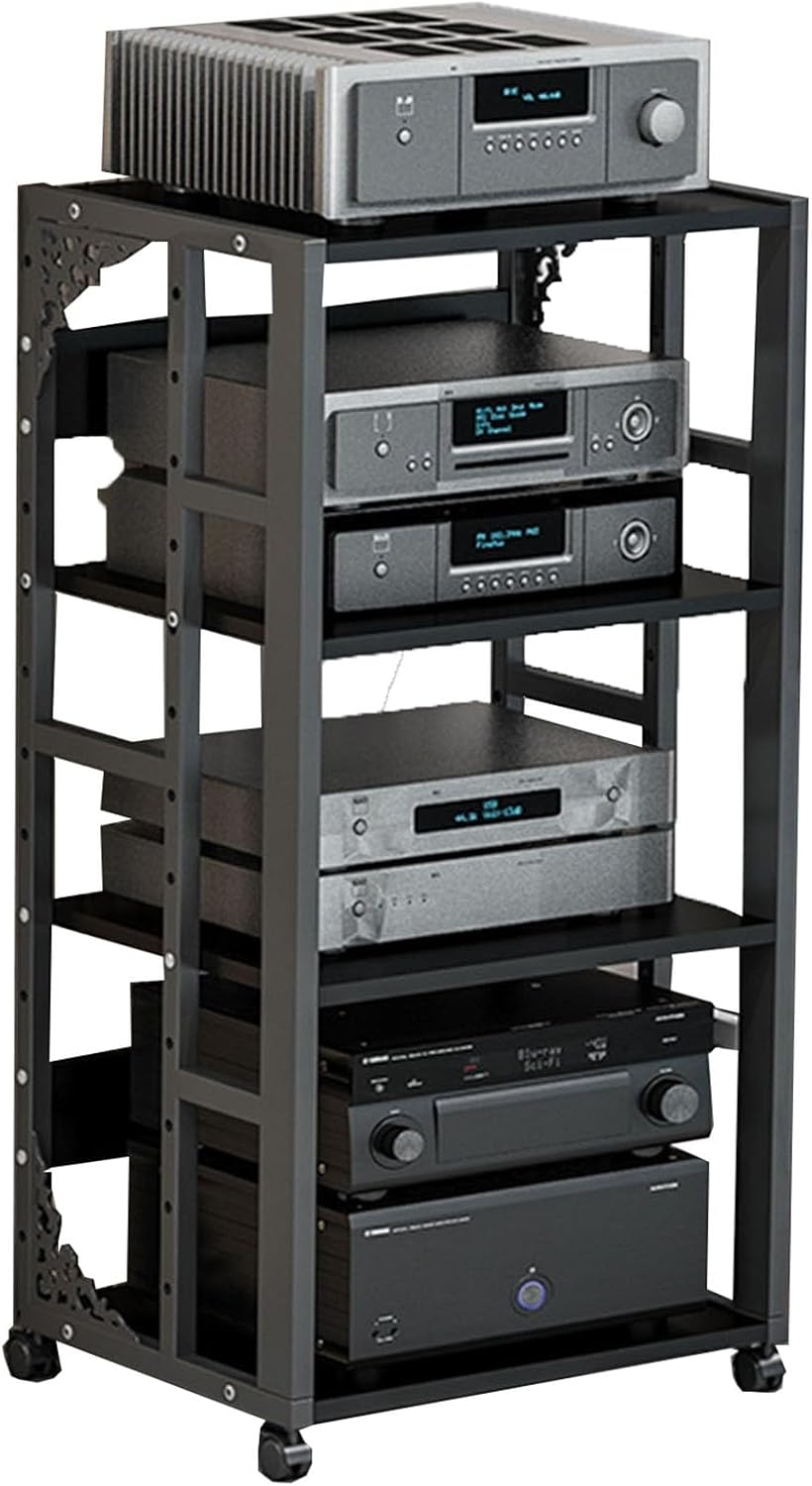 3/4/5-Tier Movable Audio Stand with Wheel Media Player Stand Adjustable Open Storage Rack Floor-Standing Multi-Function Shelf Cabinet