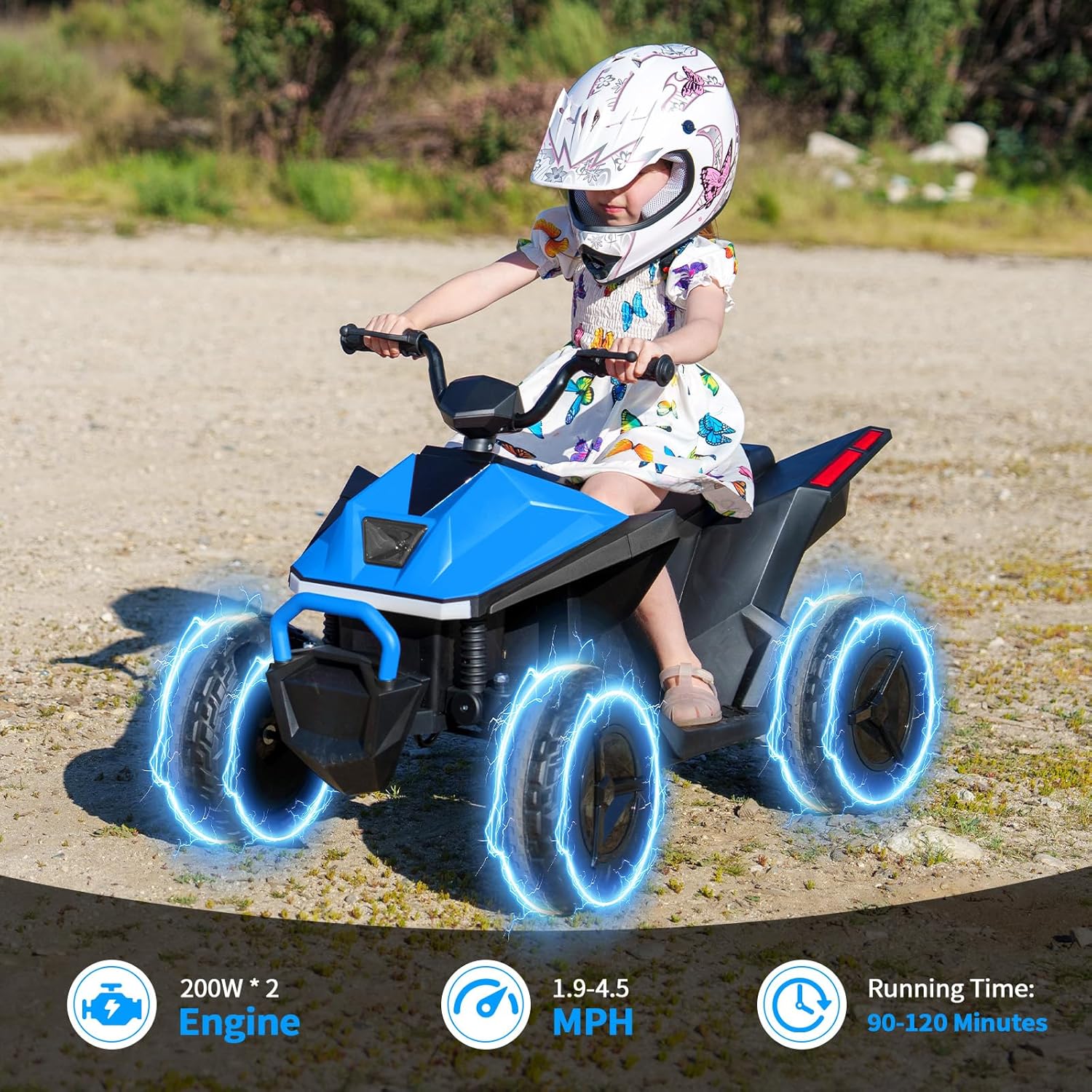 24v Ride On Toys for Big Kids ATV 4 Wheeler 2 Seater Vehicle with 2pcs 200W Motors,Battery Powered, LED Lights,Bluetooth Music,Four Wheelers Electric ATV for Kids Ages 4-8 (Blue)